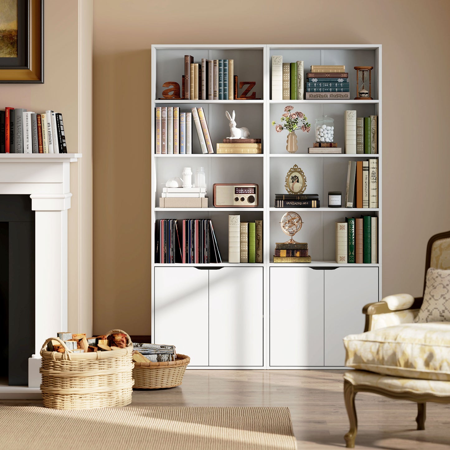 HOMCOM 6 Tier Tall Bookcase With Open Shelves And Double Door Storage Cabinet Freestanding Rack White 59 x 29 x 180 cm