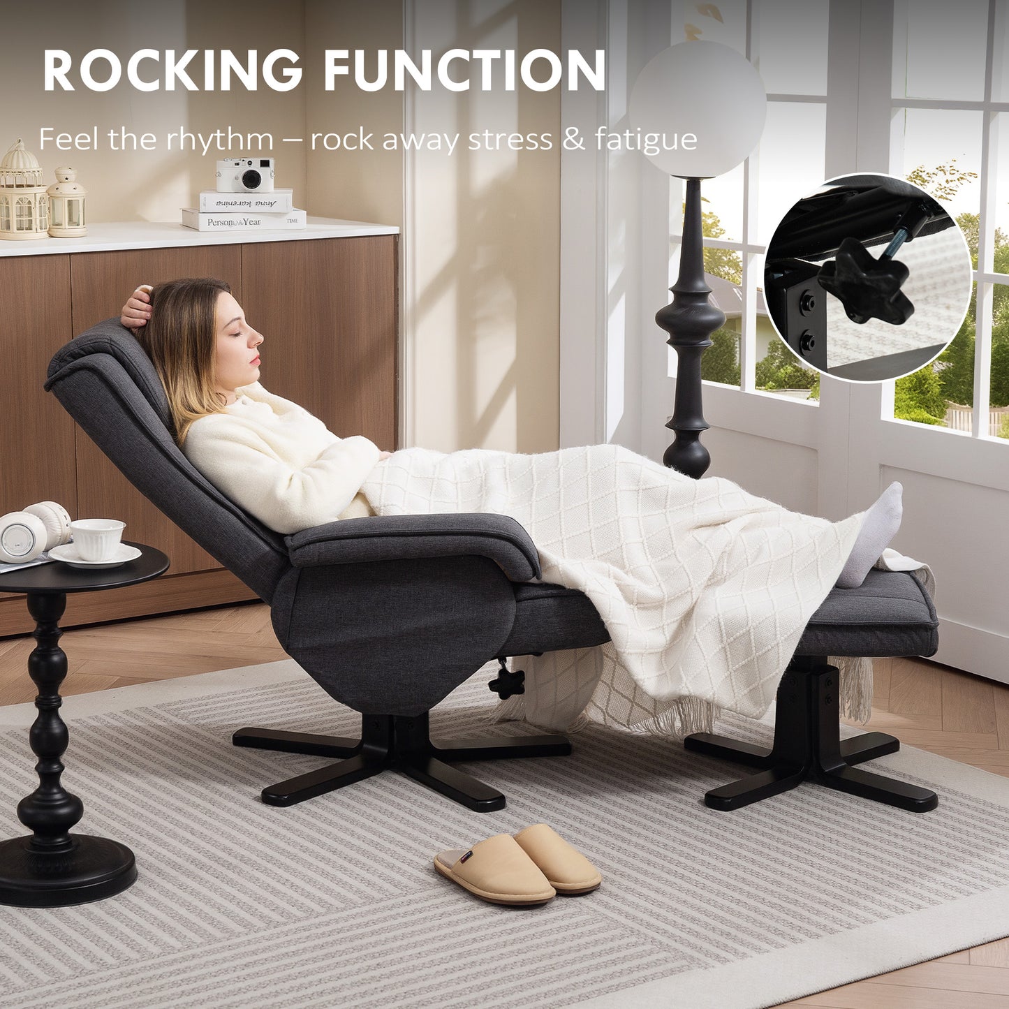 HOMCOM Swivel Recliner Chair With Footstool Charcoal Grey Linen 135 Degree Recline For Living Room And Fireside Comfort
