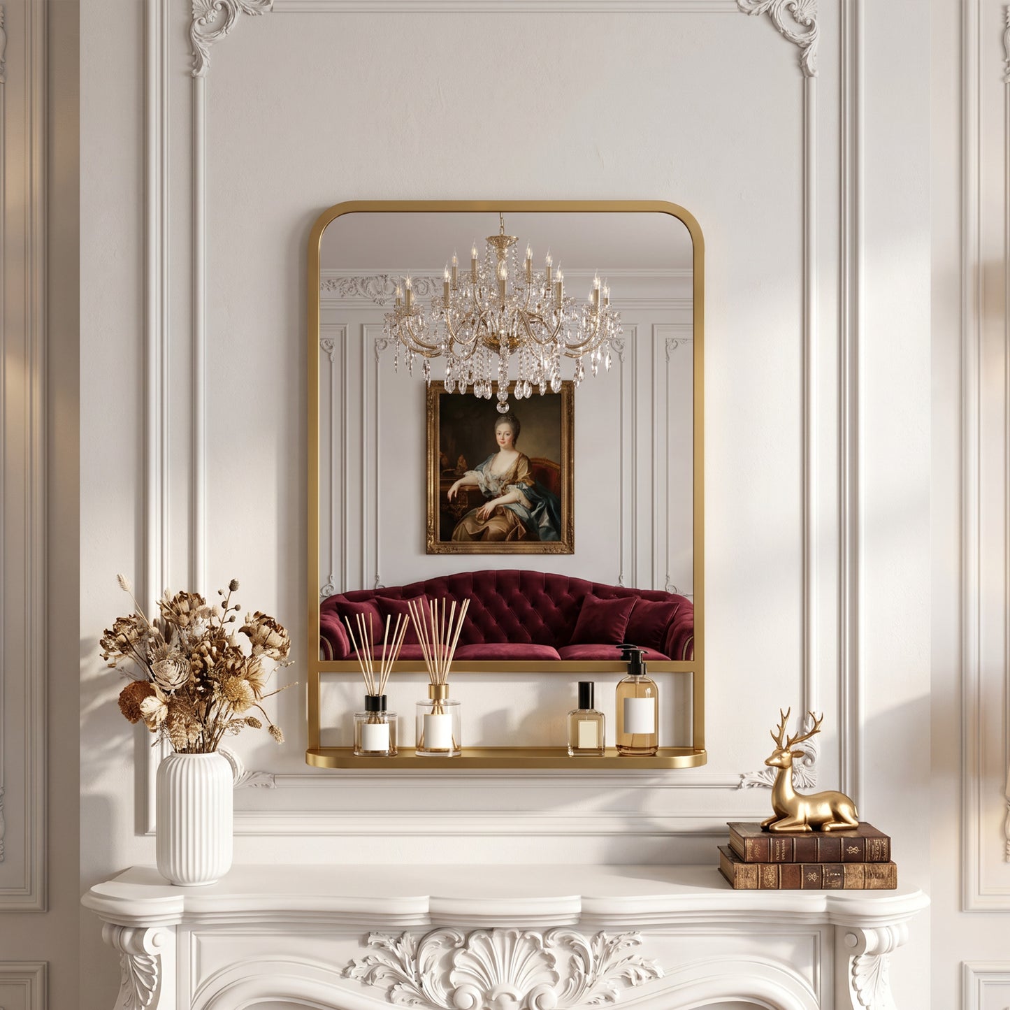 HOMCOM Modern Rectangular Wall Mirror With Storage Shelf Gold Tone Frame 70 X 50 Cm