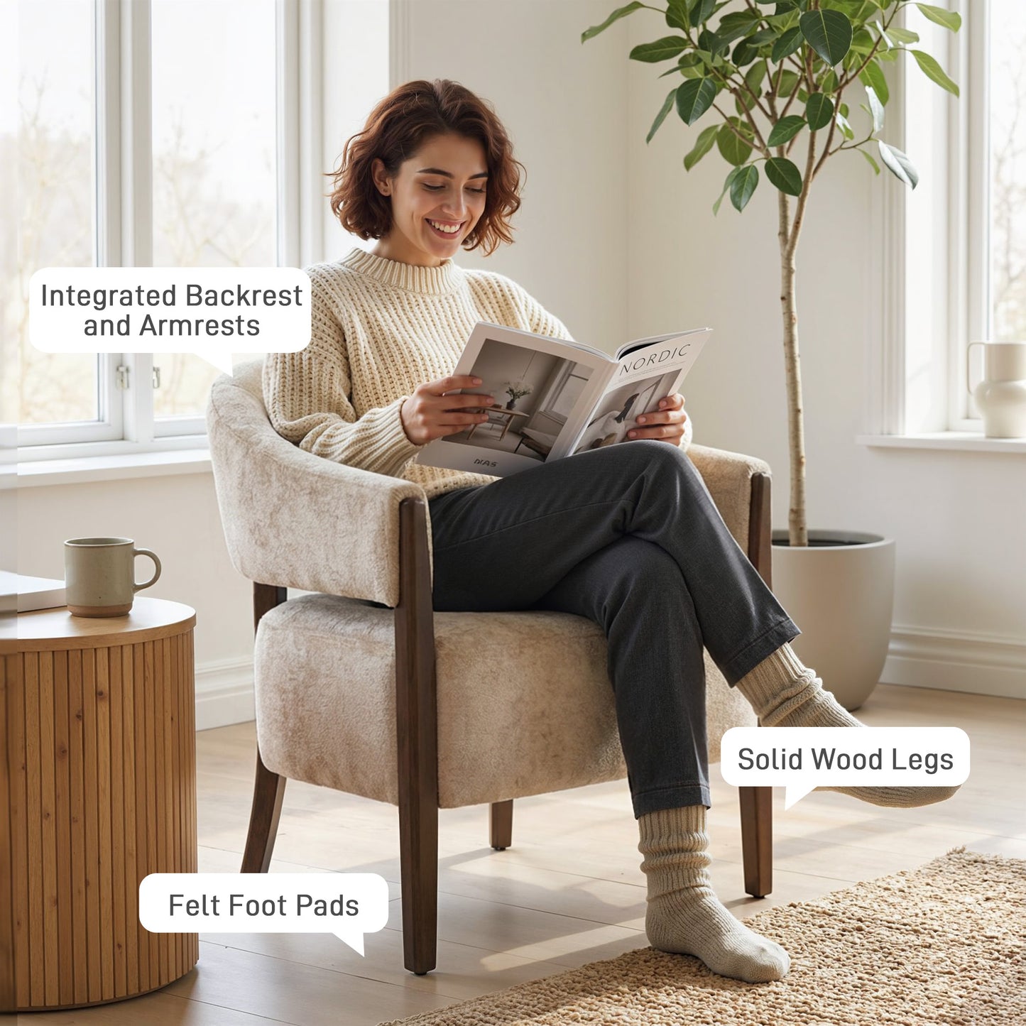HOMCOM Chenille Upholstered Accent Chair With Wide Seat And Solid Wood Frame Beige Living Room Tub Chair Armchair