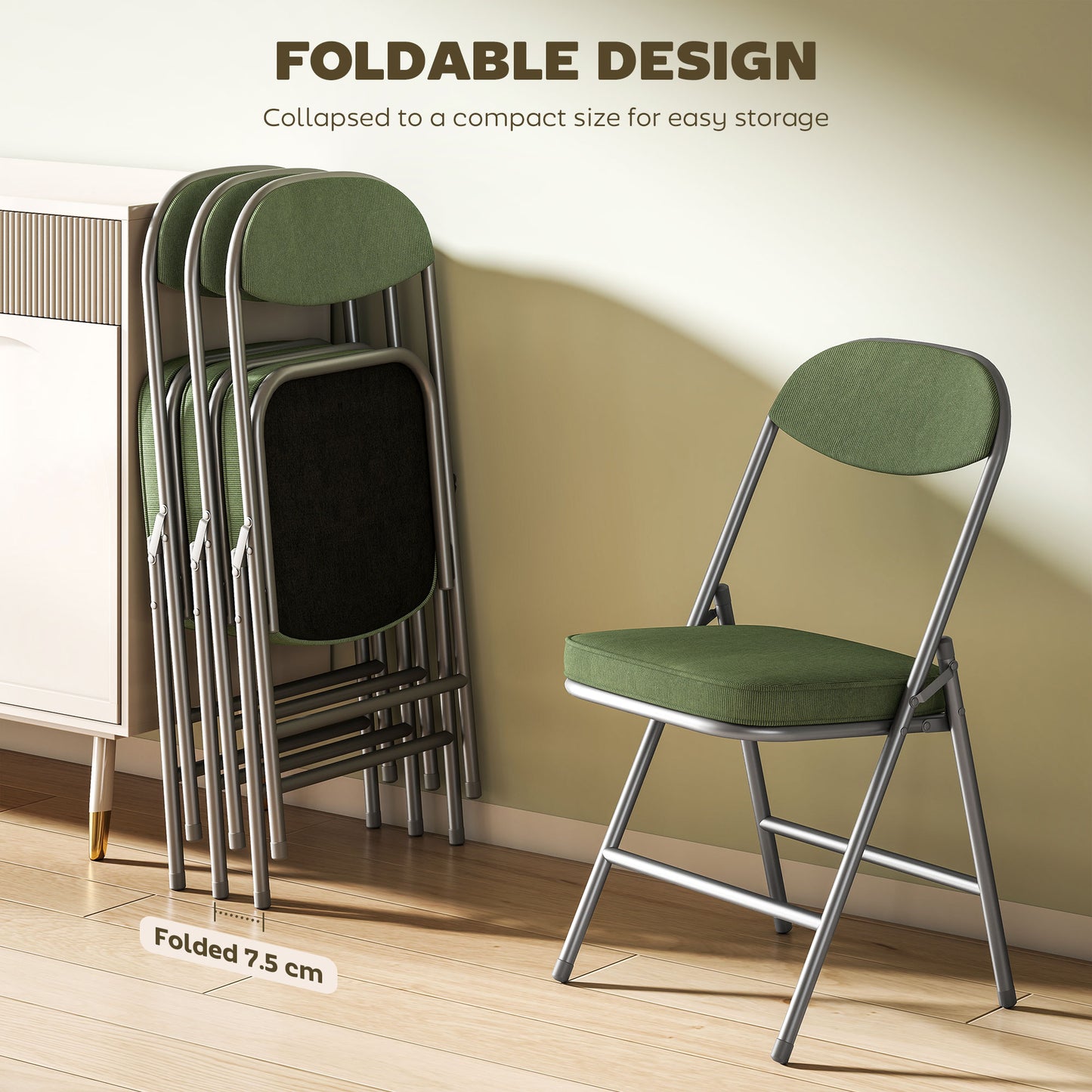 HOMCOM Set Of Four Folding Corduroy Chairs Green Padded Seat And Back Steel Frame