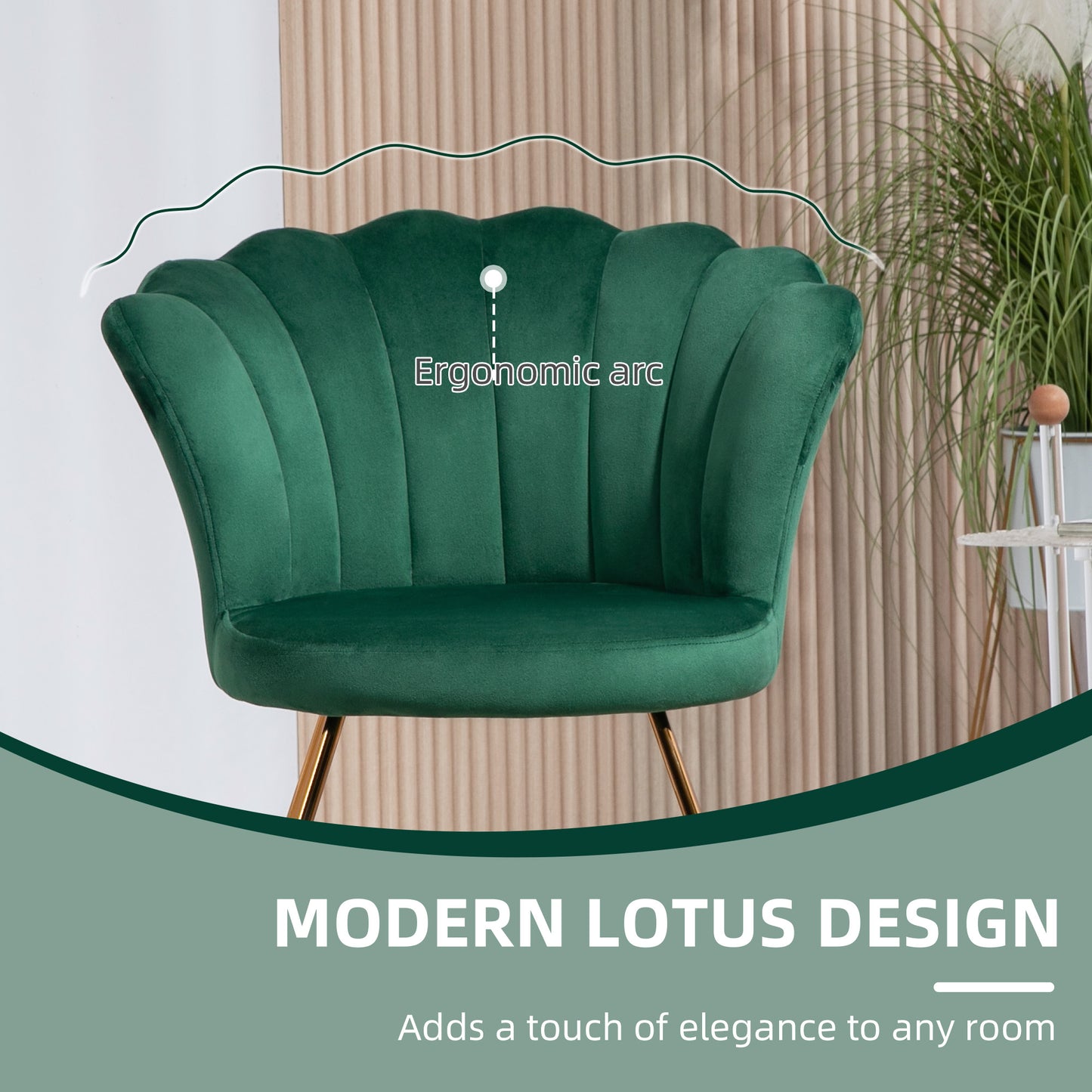 HOMCOM Velvet Feel Lotus Petal Accent Chair Green With Plush Sponge Cushion And High Back Support