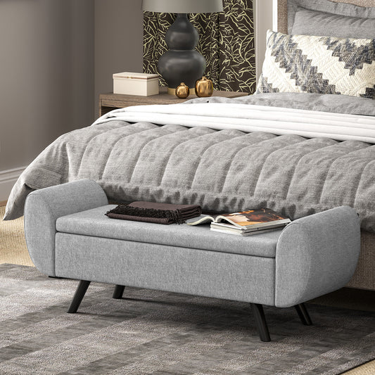 HOMCOM Storage Ottoman With Armrest Linen Upholstered Bench Lift Top Chest Dark Grey Window Seat Footstool