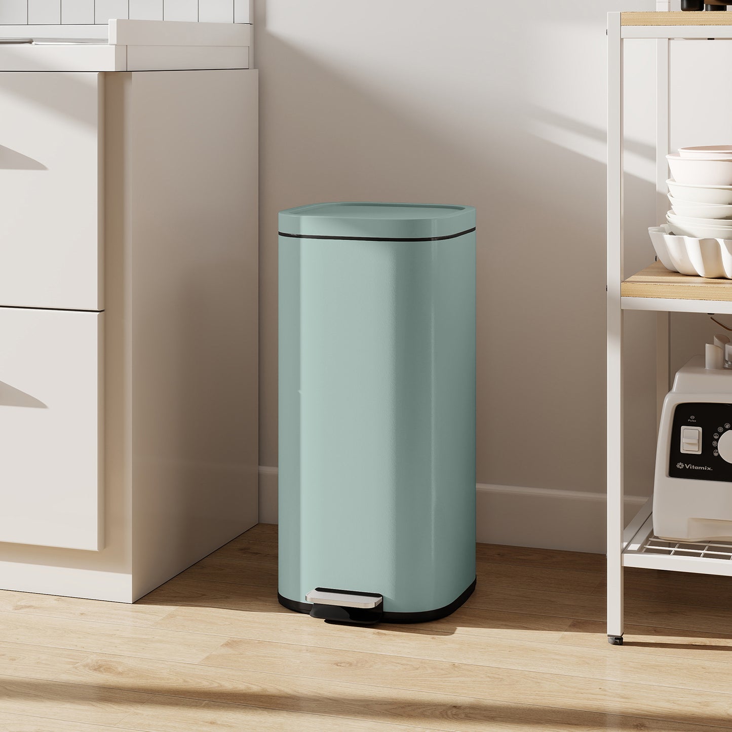 HOMCOM 30L Compact Pedal Kitchen Bin With Soft Close Lid And Stay Open Feature Removable Bucket For Kitchen Office Green