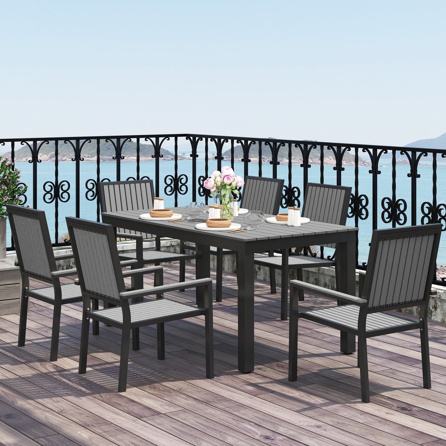 Outsunny 6 Seater Garden Dining Set With Stackable Chairs Aluminium Frame Rectangular Plastic Top Outdoor Patio Grey