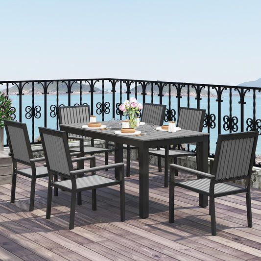 Outsunny 6 Seater Garden Dining Set With Stackable Chairs Aluminium Frame Rectangular Plastic Top Outdoor Patio Grey
