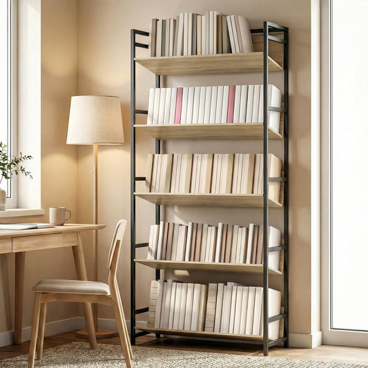 HOMCOM 5 Tier Metal Frame Bookcase Oak Finish For Living Room Storage Shelves With Anti Fall Design
