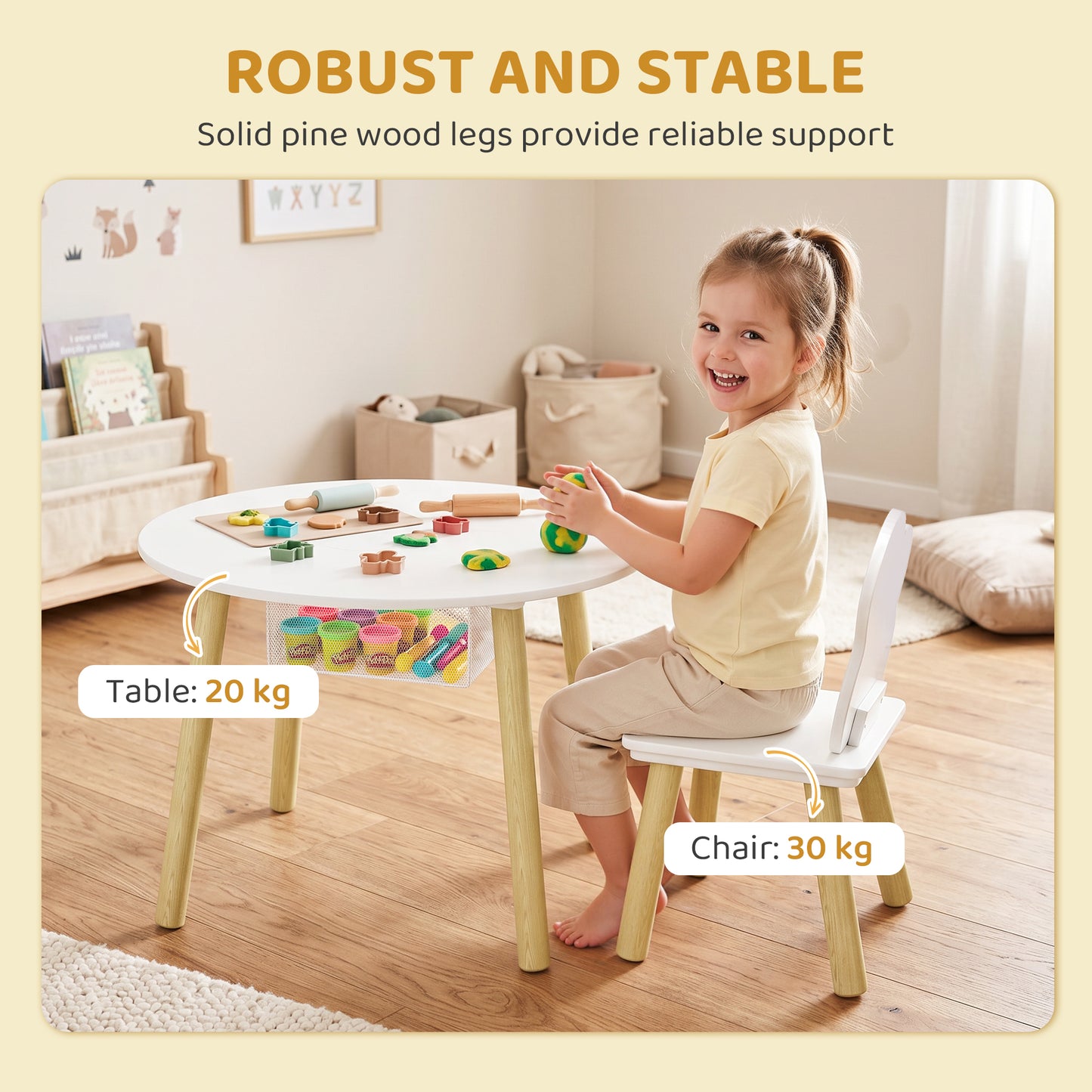 AIYAPLAY Kids Toddler Table and Chairs Set With Storage Bag 3 Piece for Playroom White Durable