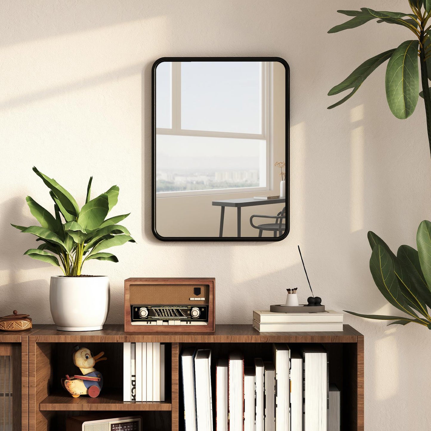 Homcom Rectangular Wall Mirror With HD Glass Black Metal Frame Dual Hanging Options Warp Free Backboard