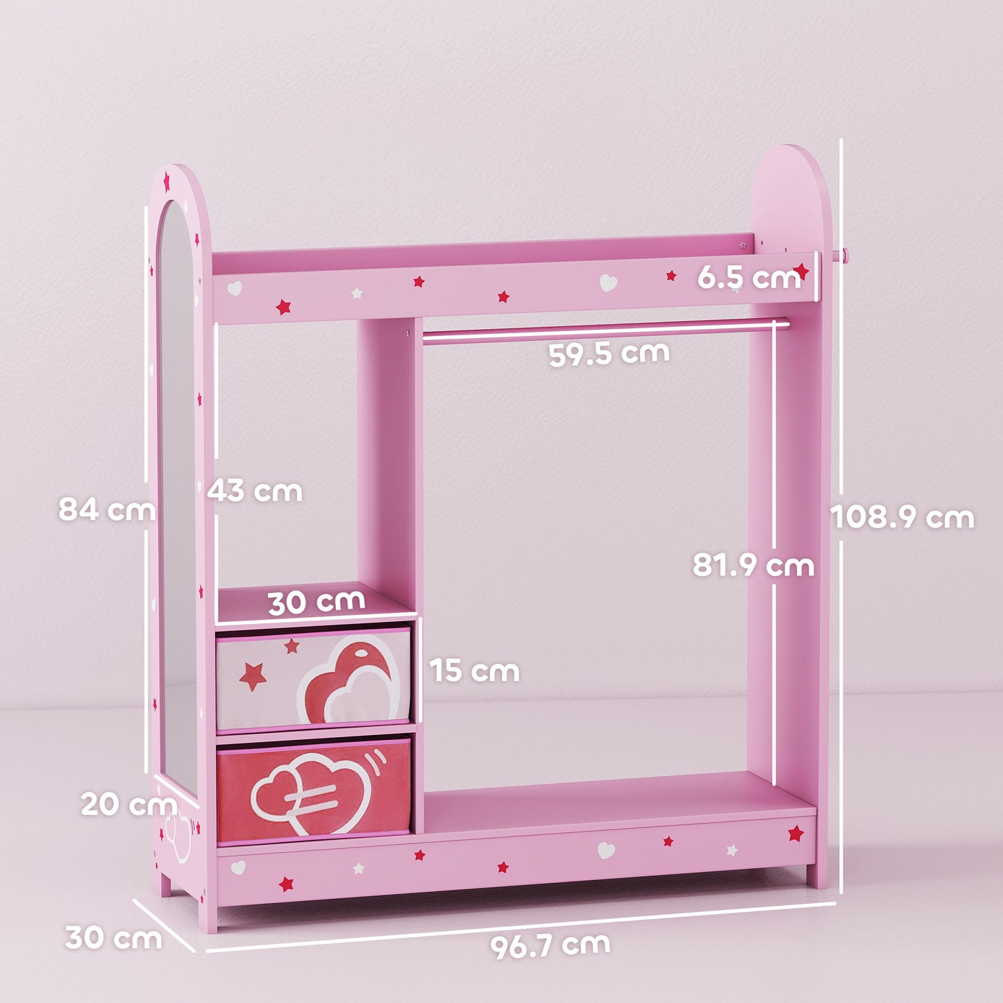 AIYAPLAY Kids Clothes Rail Wardrobe With Mirror Shelves Top Shelf Two Storage Boxes Hooks For Bedroom Nursery Pink