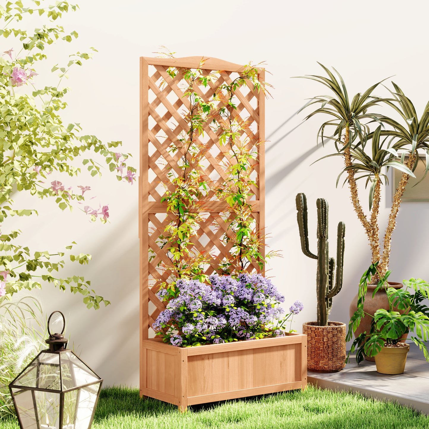 Outsunny Wooden Planter With Trellis Raised Bed Garden Planter Box For Climbing Plants 76 By 36 By 170 Cm Natural