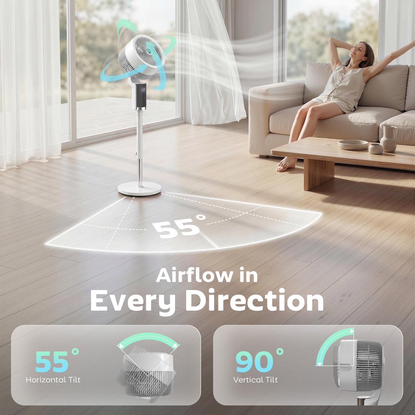 HOMCOM 44 Inch Pedestal Fan Quiet 20dB Sleep Mode 90 Degree Oscillation 8 Speeds LED Light White Bedroom