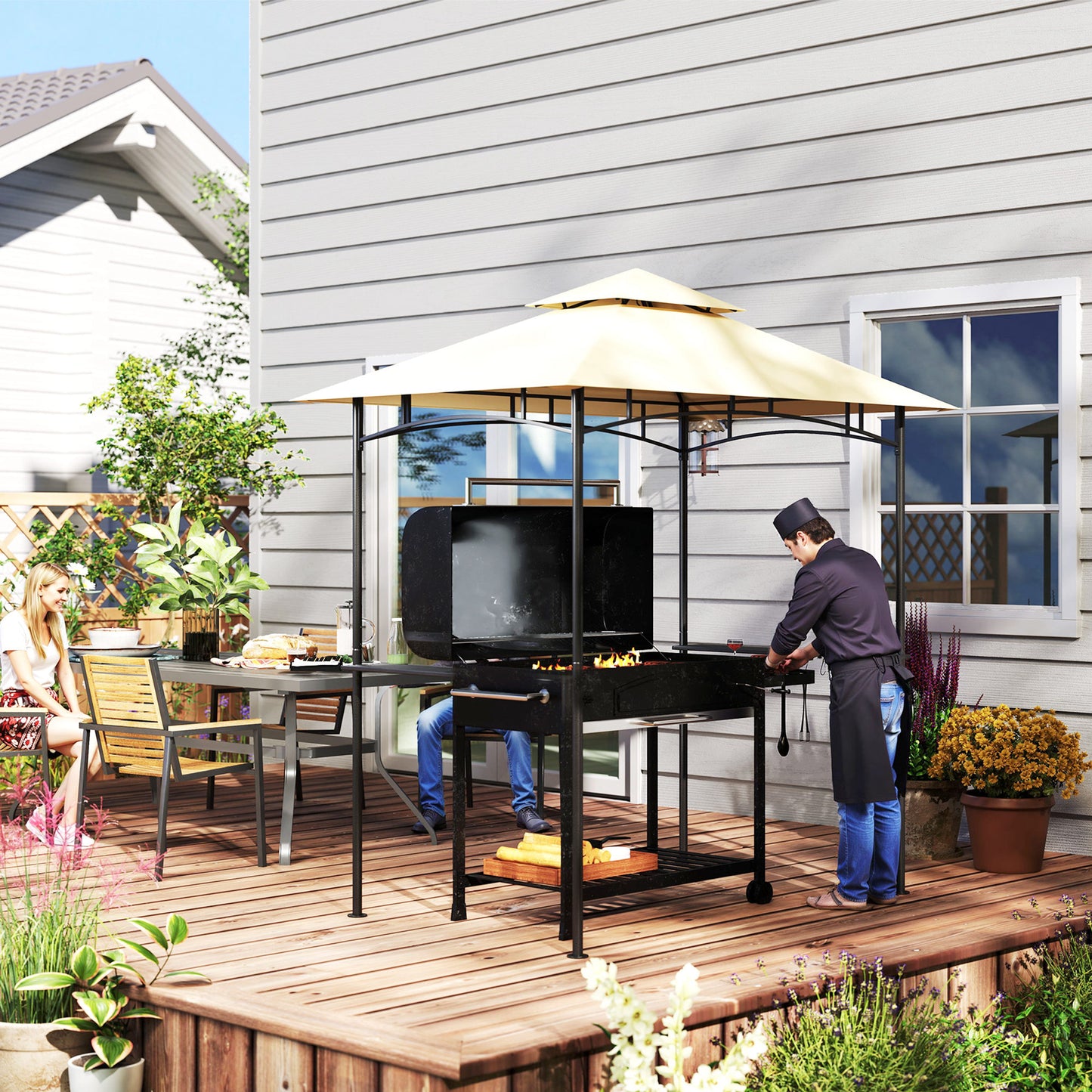 Outsunny 8x5 Grill Gazebo With Double Tiered Canopy And LED Lights 2 Side Shelves Hooks Beige