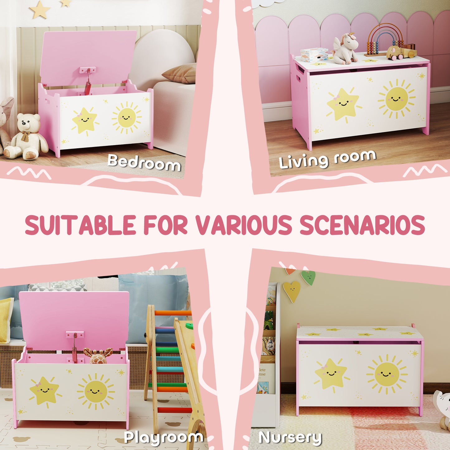 AIYAPLAY Toy Box Lid Safety Hinges Groove Handles Pink Living Room Playroom Storage Organizer For Toys Books Clothes