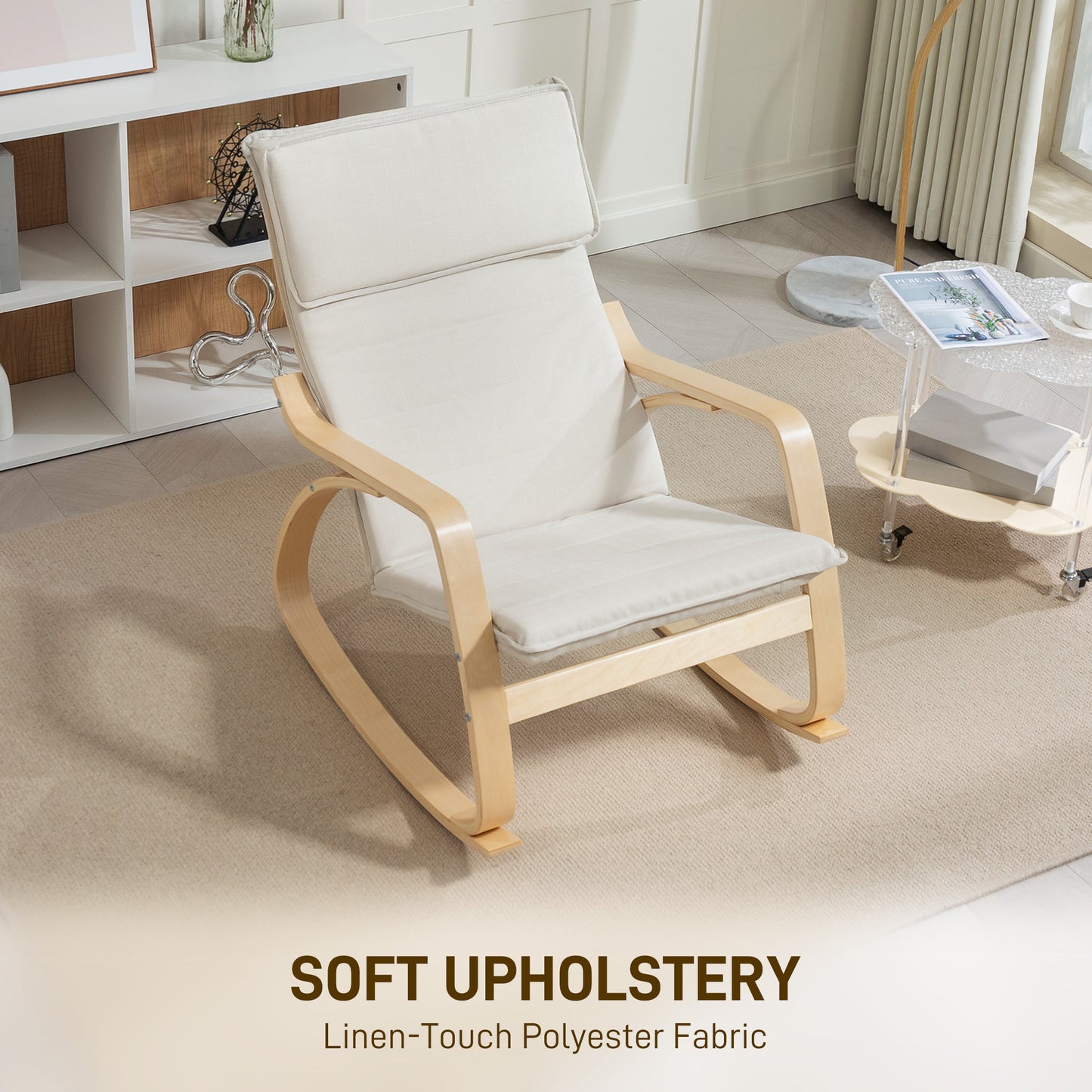 HOMCOM Comfortable Upholstered Rocking Chair Recliner With High Back And Headrest In Cream White For Living Room Bedroom