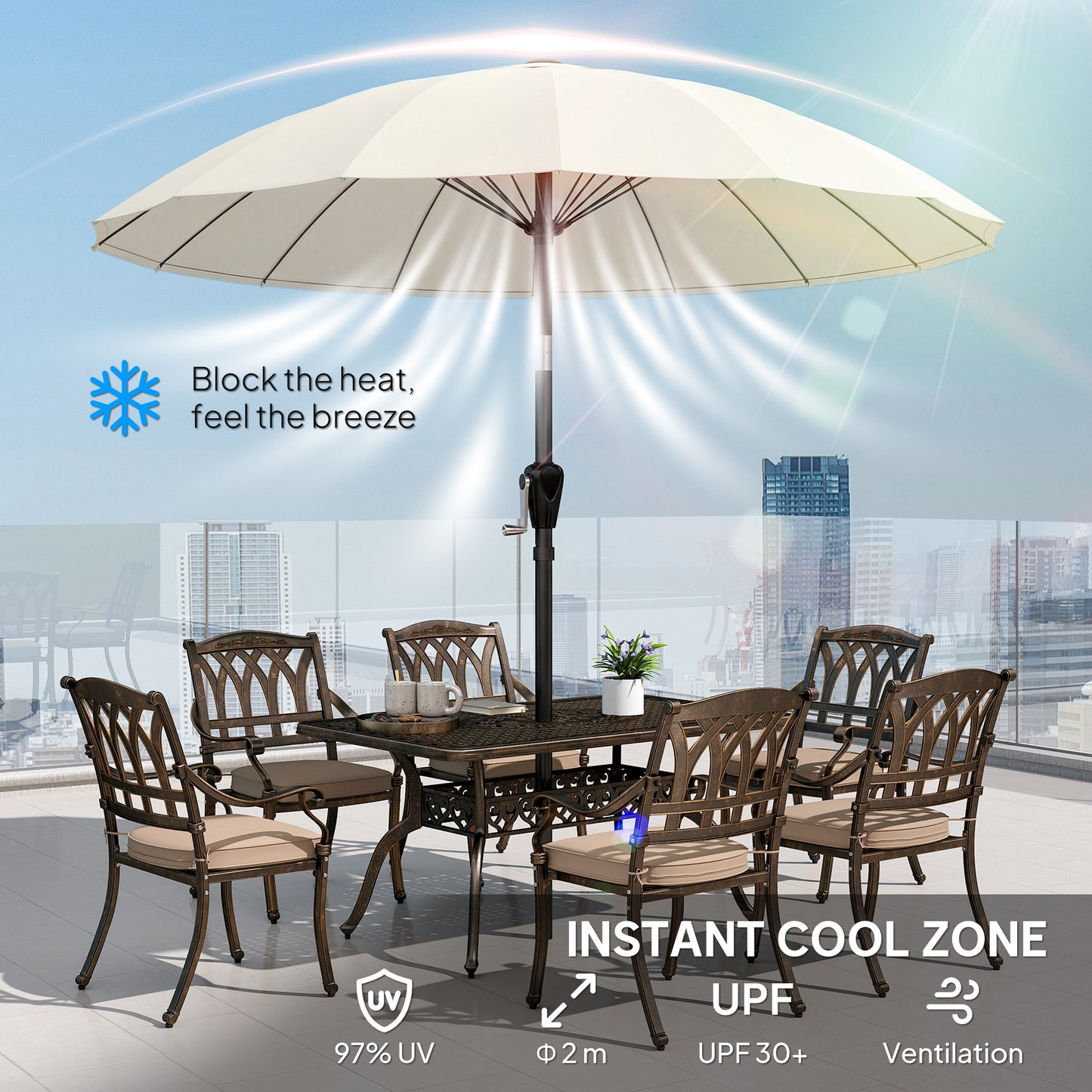 Outsunny 2 m Shanghai Garden Parasol Umbrella With 16 Fibreglass Ribs Crank Tilt Cream White Outdoor Sun Shade