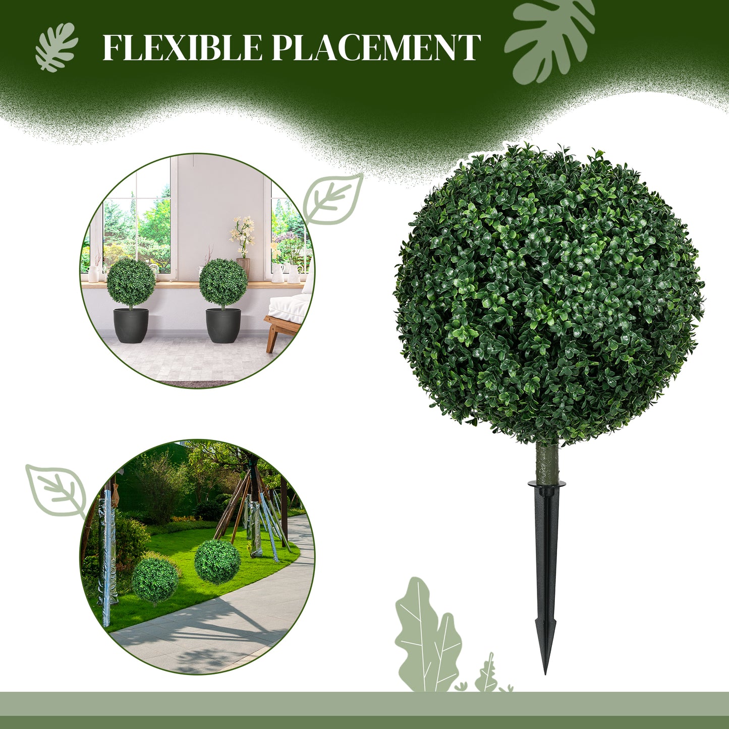 HOMCOM 2 Pack Artificial Boxwood Topiary Trees With Ground Stakes Ball Shaped For Indoor Outdoor UV Resistant
