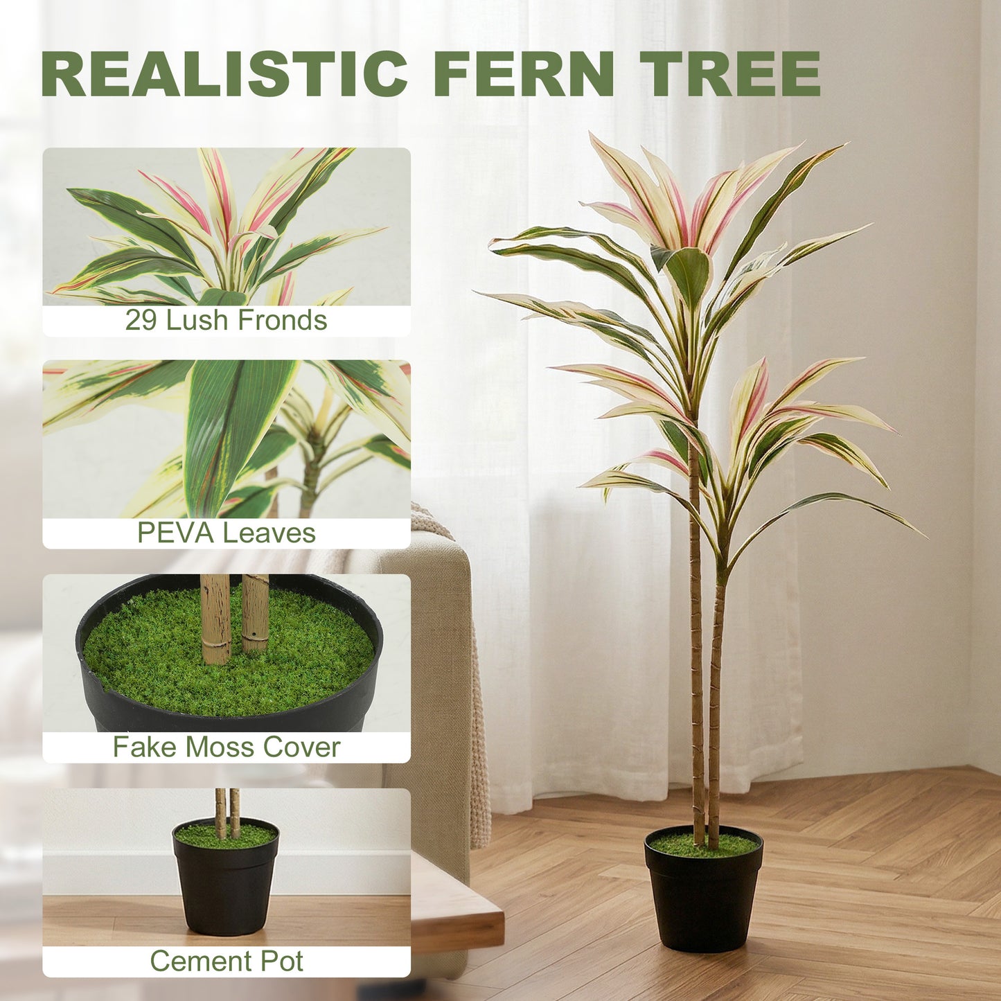 HOMCOM 90 Cm Artificial Cordyline Tree In Moss Effect Pot Realistic PEVA Faux Plant Yellow