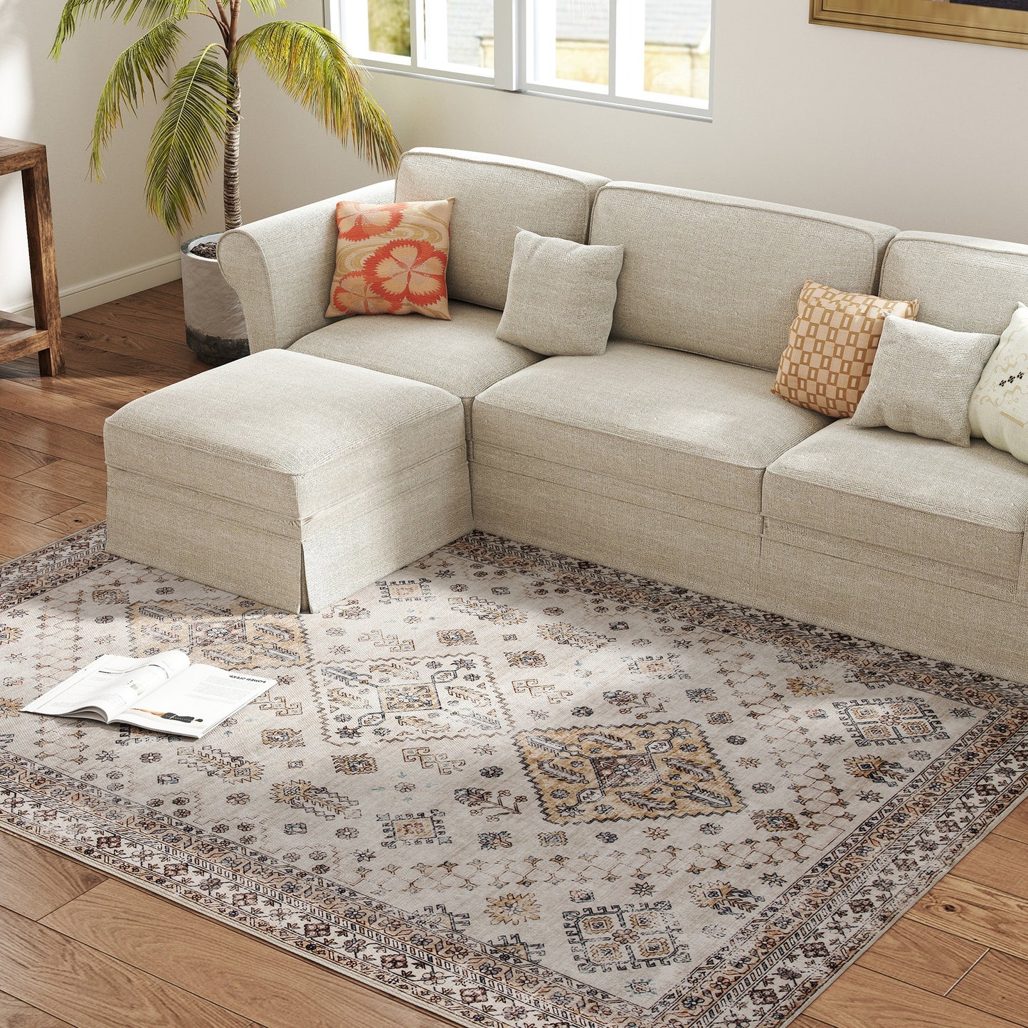 HOMCOM Vintage Area Rug Non Slip Washable Flannel Floor Carpet For Living Room Bedroom Dining Room 230x160 Cm Beige