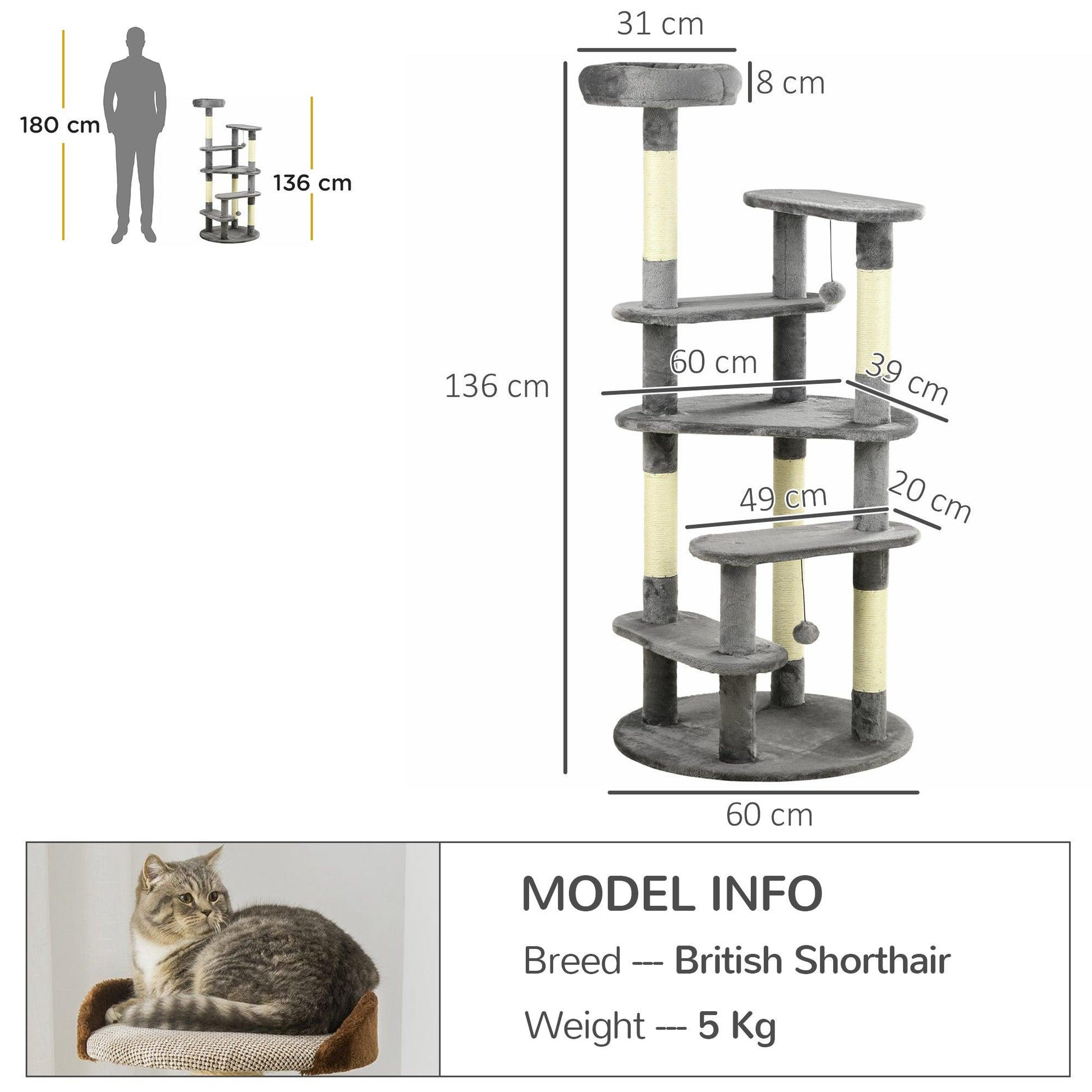 PawHut Cat Tree for Indoor Cats, Modern Cat Tower with Scratching Posts, Bed - ALL4U RETAILER LTD