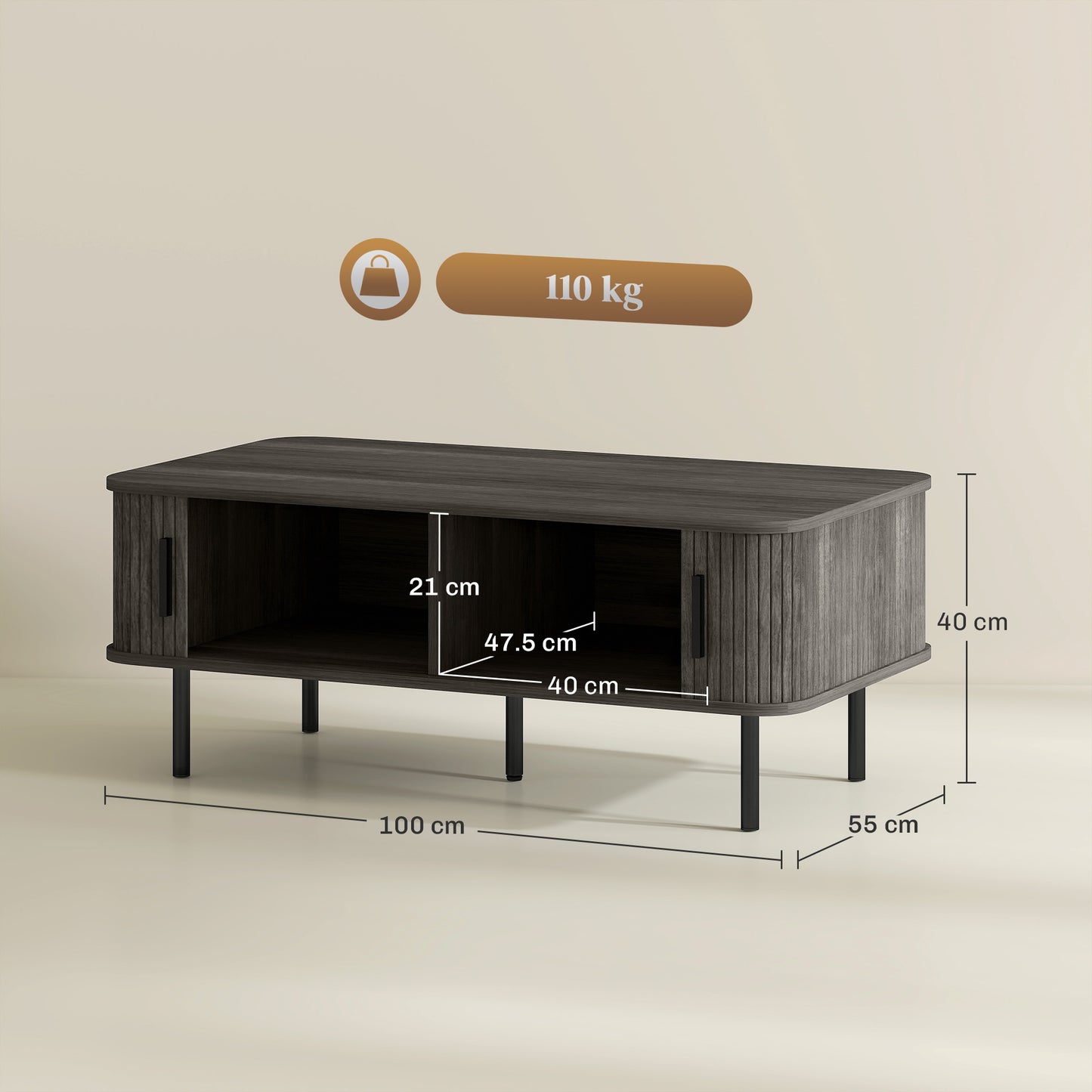HOMCOM Coffee Table With Storage And Slatted Tambour Doors Elevated Base Grey Wood Effect Rectangular Living Room Table