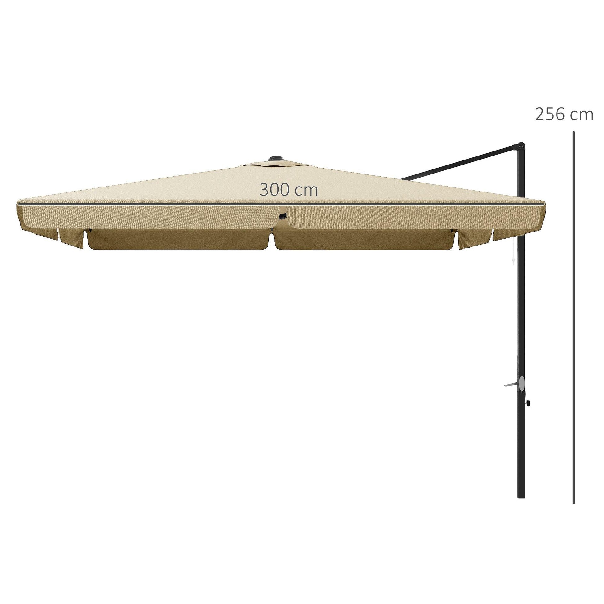 Outsunny 3(m) Cantilever Roma Parasol, Hanging Garden Parasol, Aluminium Square Patio Umbrella with Crank Handle and Tilt, Outdoor Patio Sun Shade with Vented Top, 8 Ribs, Cross Base, Khaki - ALL4U RETAILER LTD