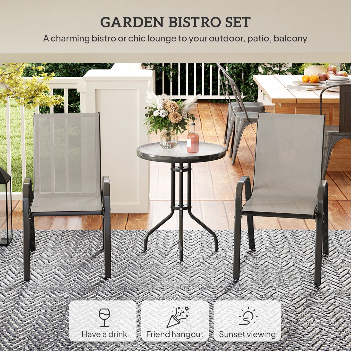 Outsunny Three Piece Outdoor Garden Set In Light Grey With Round Table And Stackable Chairs For Patio And Garden