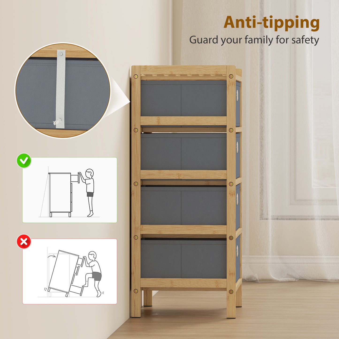 HOMCOM Chest of Drawers Narrow Dresser With Four Fabric Drawers and Bamboo Frame in Light Grey