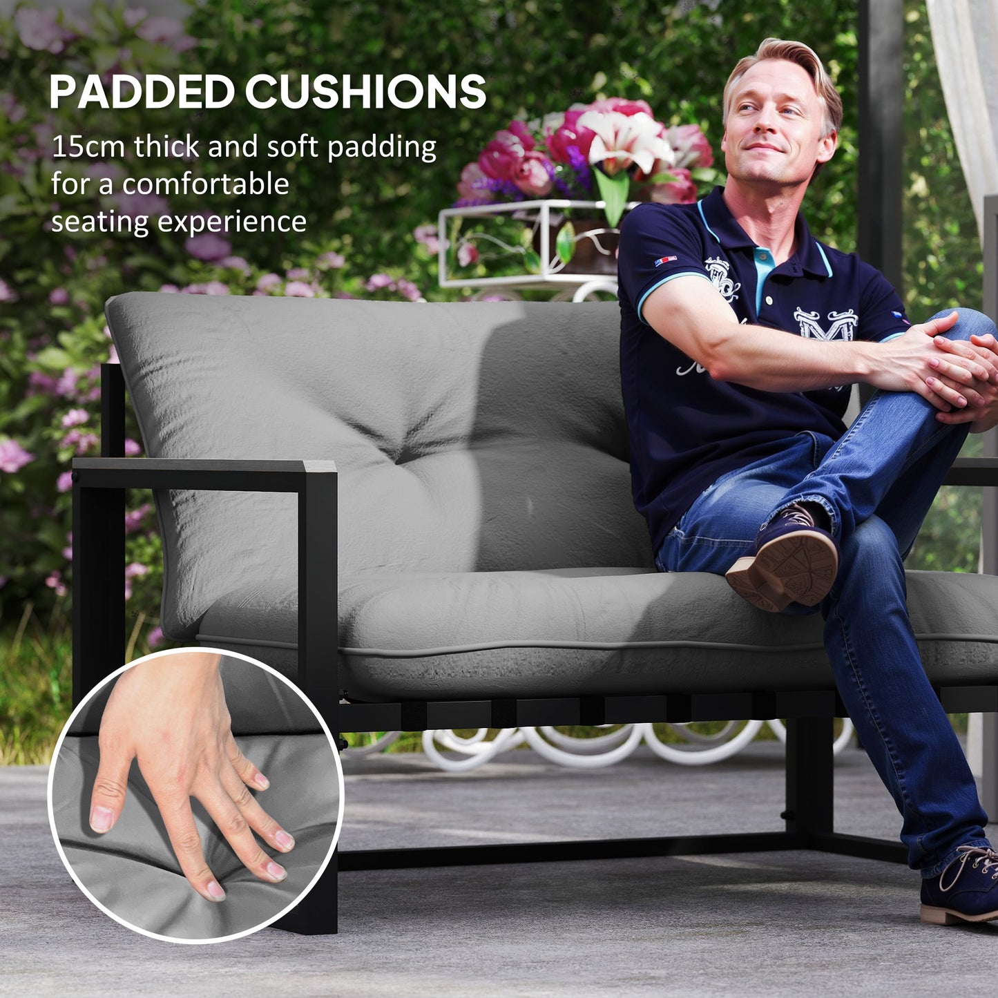 Outsunny 4 Piece Garden Furniture Set With Loveseat Sofa Armchairs Glass Top Coffee Table Cushions Dark Grey