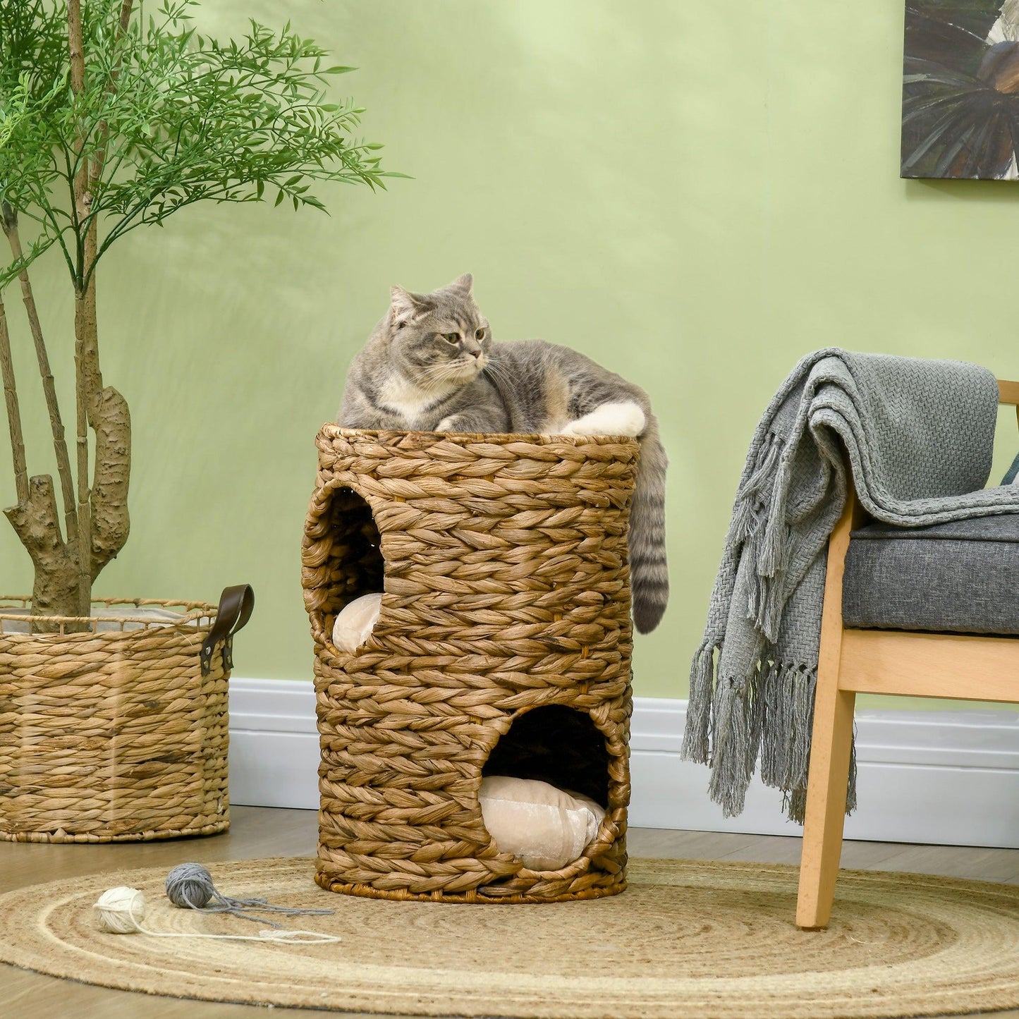 PawHut 47cm Cat Barrel Tree for Indoor Cats w/ Two Cat Houses, Cushion - ALL4U RETAILER LTD