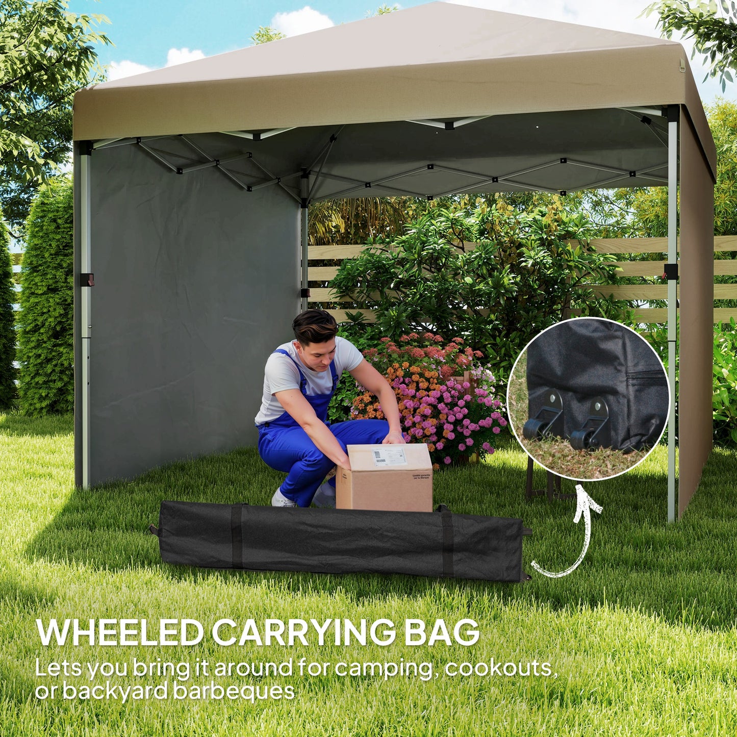 Outsunny 3x3 Pop Up Gazebo M Height Adjustable UPF 30+ With 2 Sidewalls Leg Weight Bags Wheeled Bag Khaki