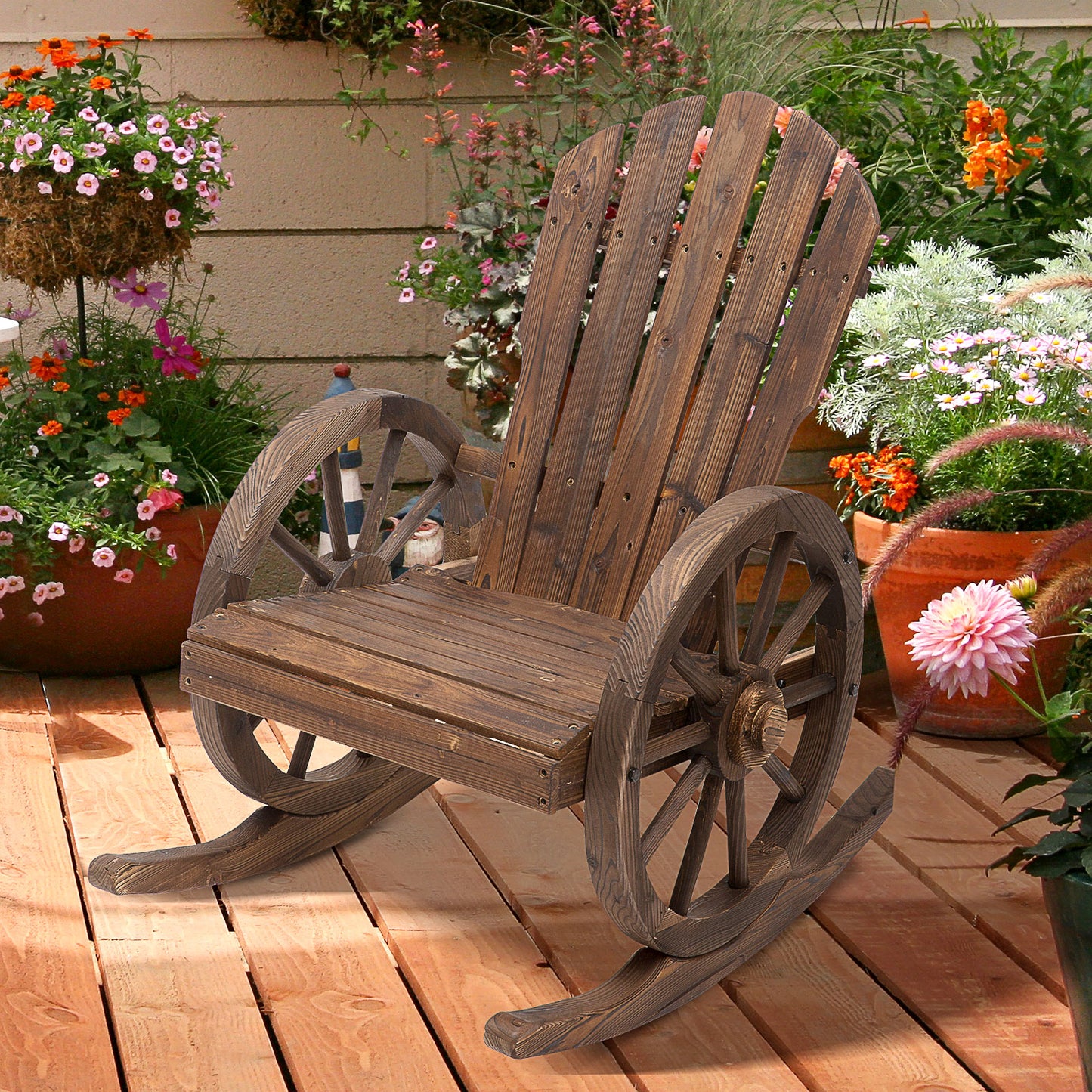 Outsunny 2 Piece Wooden Adirondack Rocking Chair Set With Reclining Back Outdoor Garden Patio Furniture Carbonized Wood