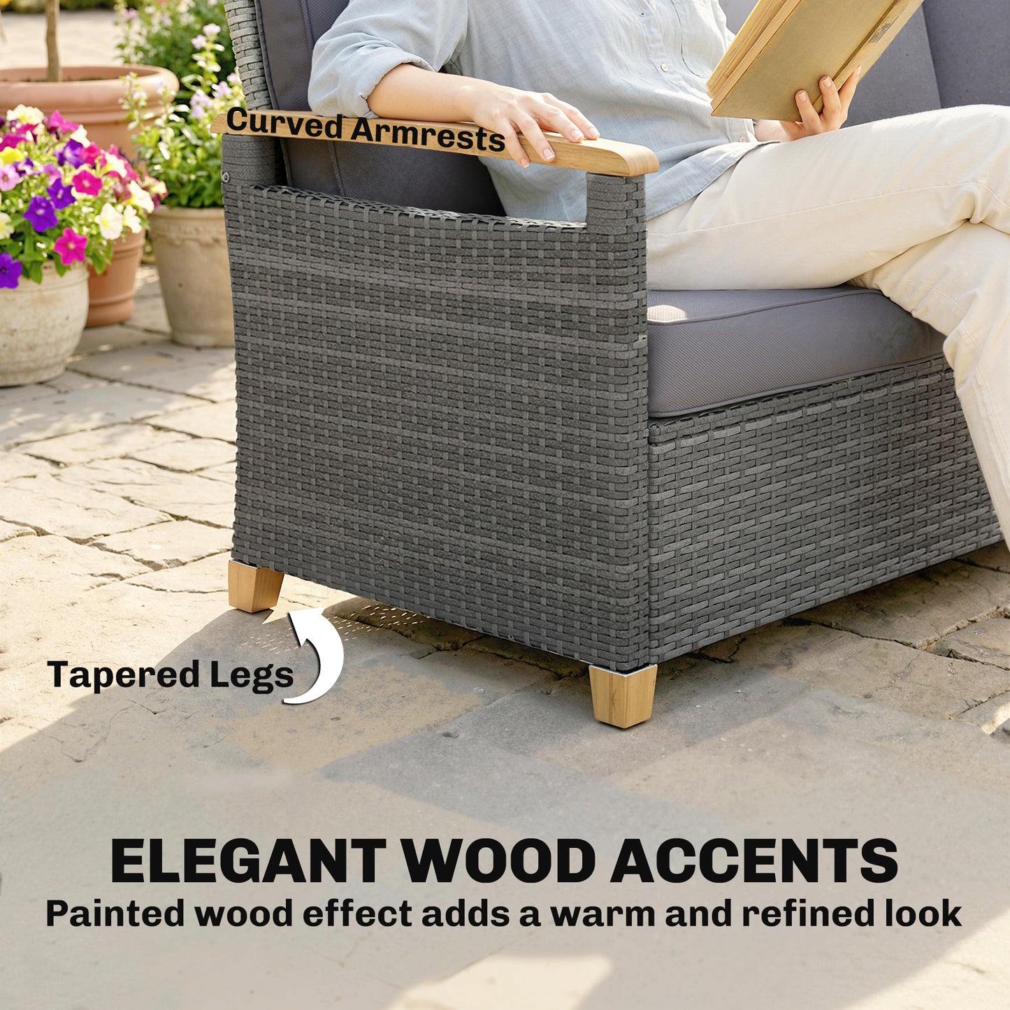 Outsunny 3 Seater Rattan Garden Sofa Outdoor PE Wicker Wood Effect Armrests Legs Deep Seat 4 Inch Cushions Dark Grey