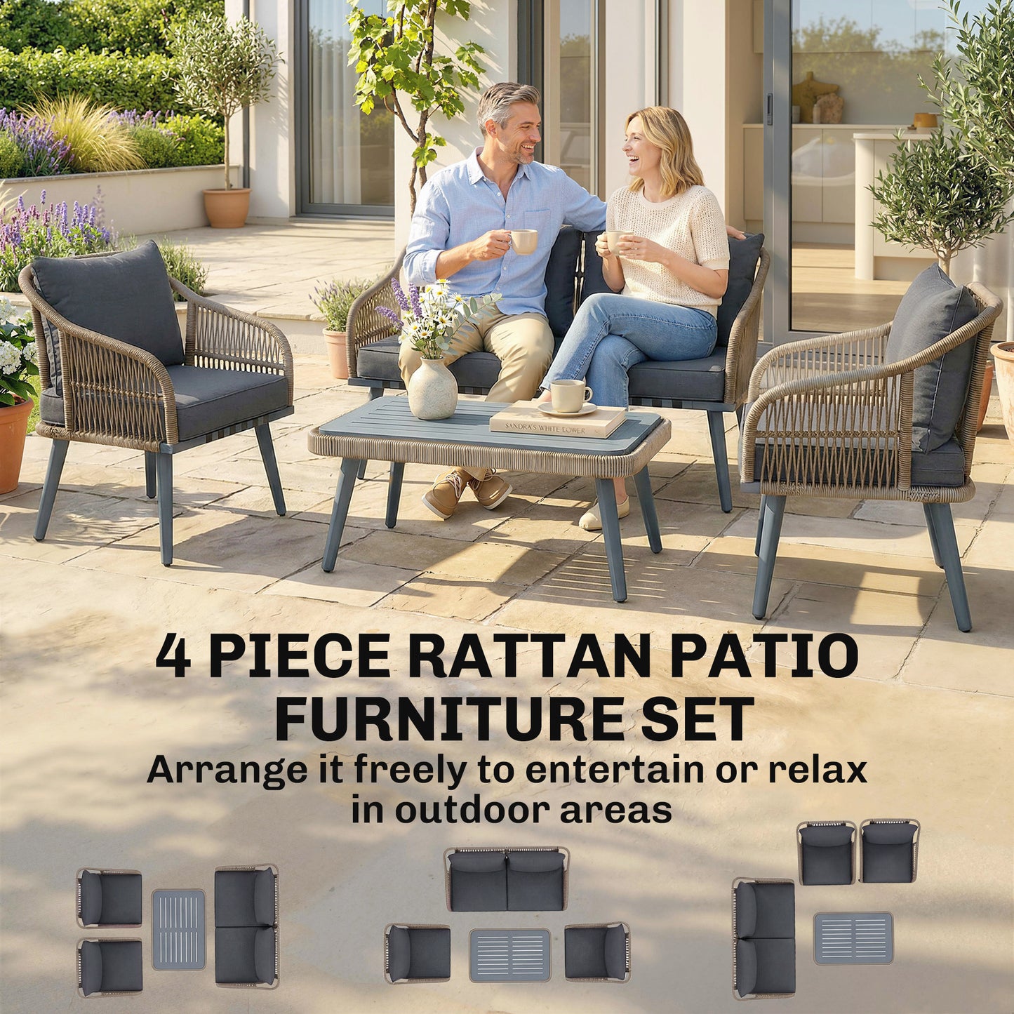 Outsunny 4 Piece Rattan Garden Furniture Set With Loveseat, Armchairs And Wood Table In Grey