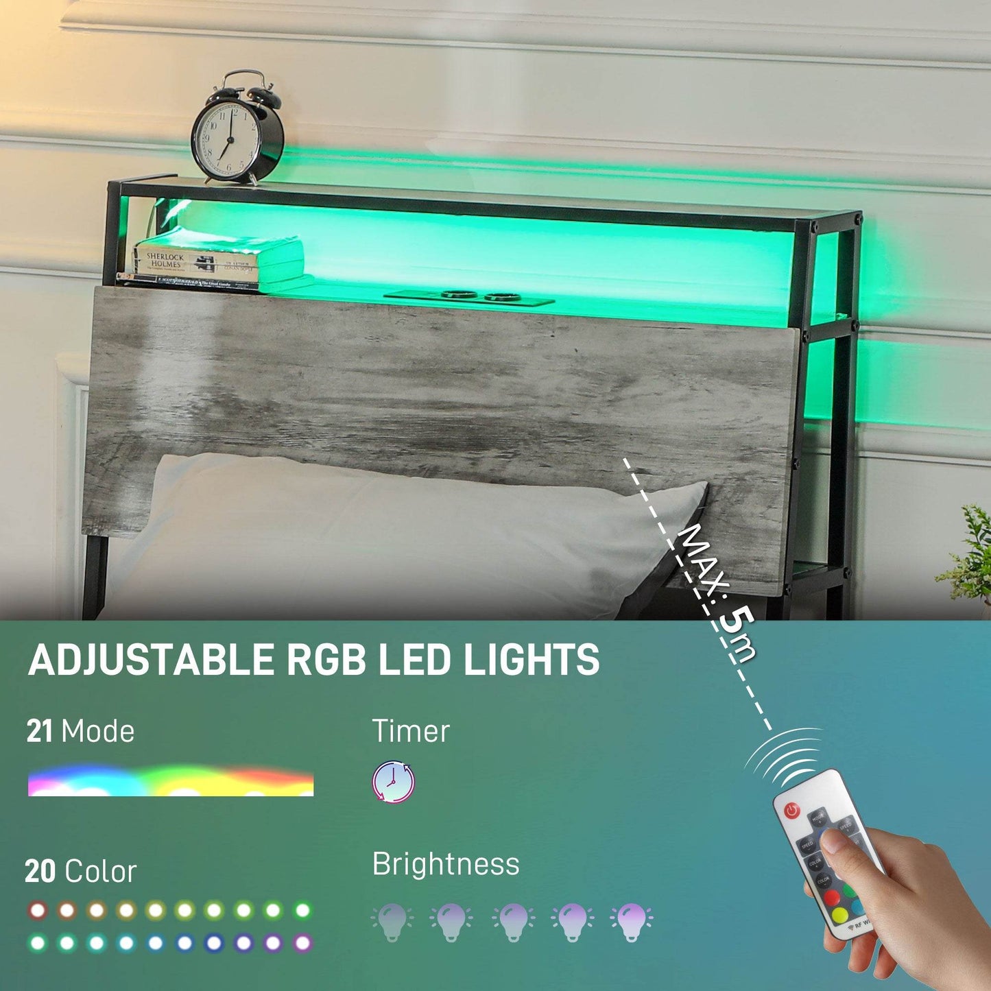 HOMCOM LED-Illuminated Single Steel Bed Frame with Charging Shelf - Grey - ALL4U RETAILER LTD