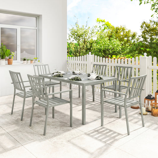 Outsunny 7 Piece Outdoor Dining Table And Chairs Set With 6 Stackable Chairs Umbrella Hole Light Grey
