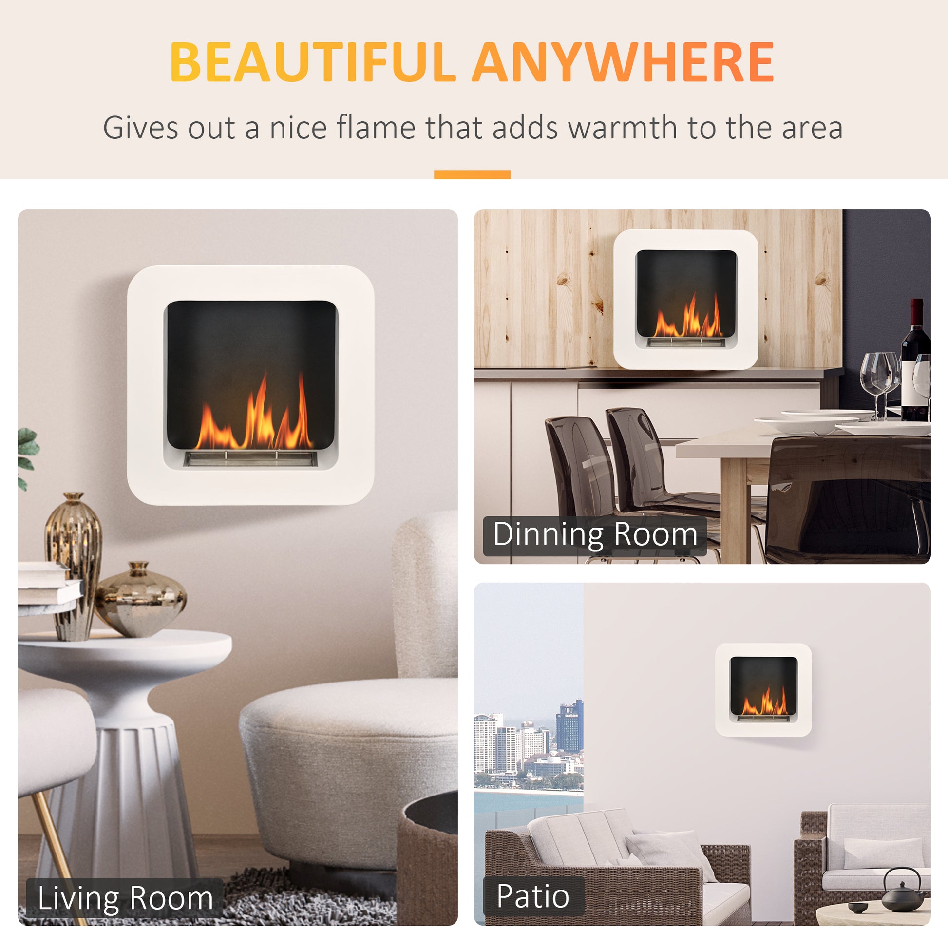 HOMCOM Wall-Mounted Bioethanol Fireplace Heater with 1L Fuel Tank and 2.5 Hour Burn Time - White - ALL4U RETAILER LTD