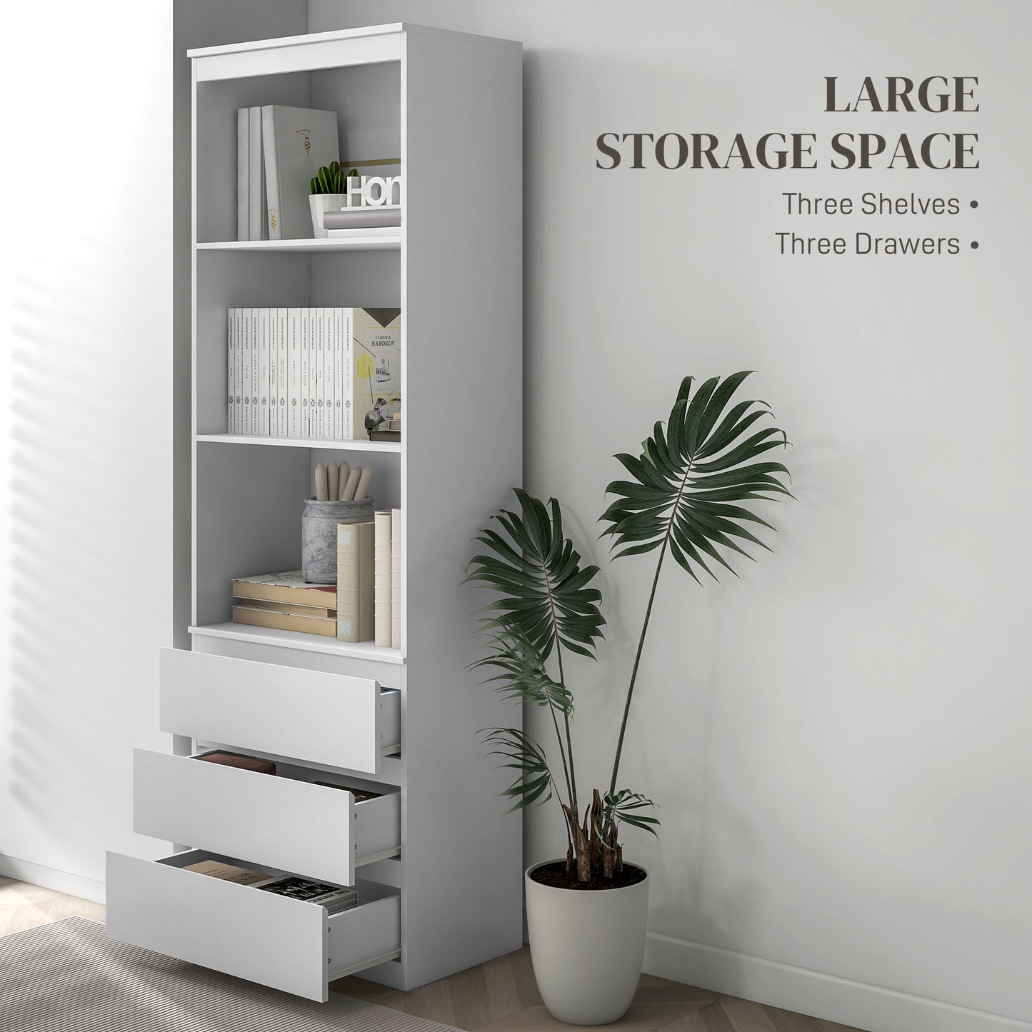 HOMCOM Elegant White 180cm High Bookcase with Shelves and Drawers - Ideal for Compact Spaces - ALL4U RETAILER LTD