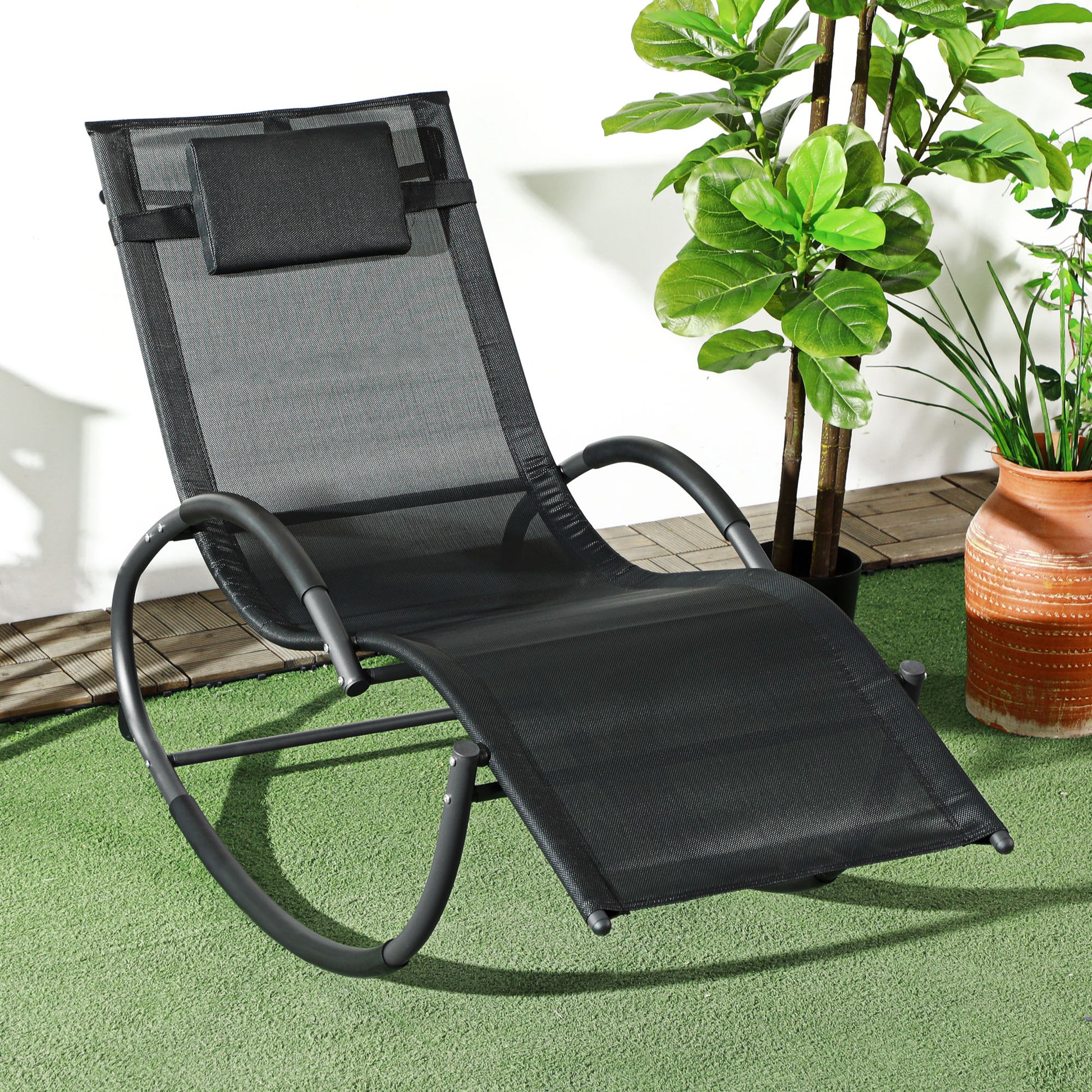 Outsunny Zero Gravity Rocking Lounger with Padded Pillow - Black Steel Frame Outdoor Recliner - ALL4U RETAILER LTD