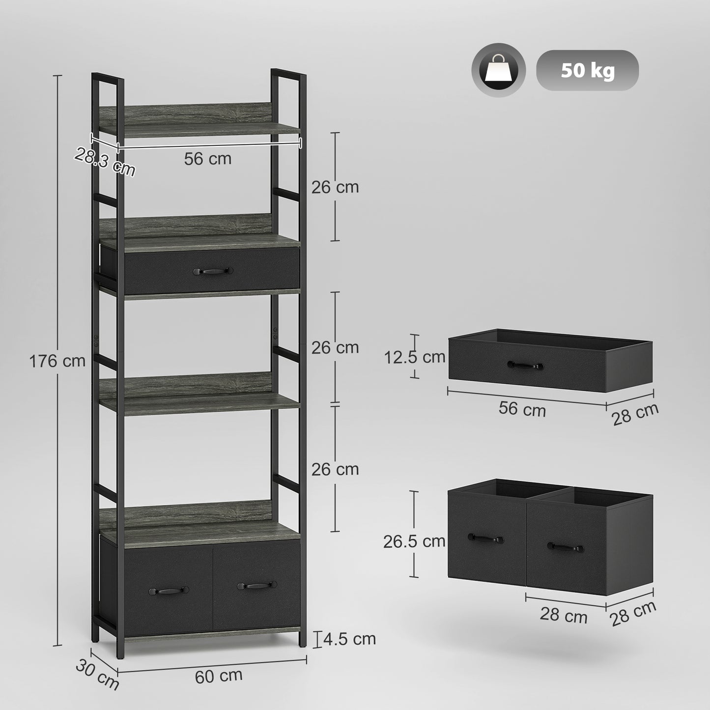 HOMCOM Industrial Style 4 Shelf Bookcase With 3 Fabric Drawers Grey And Black For Open Display