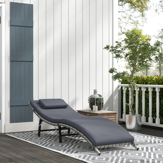 Outsunny Rattan Folding Sun Lounger Outdoor Chair with Cushion and Pillow Grey - ALL4U RETAILER LTD