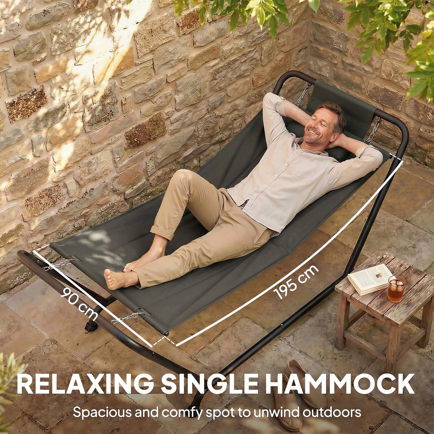 Outsunny Outdoor Hammock With Stand Freestanding Hammock With Side Pocket And Headrest For Patio Balcony Porch Dark Grey