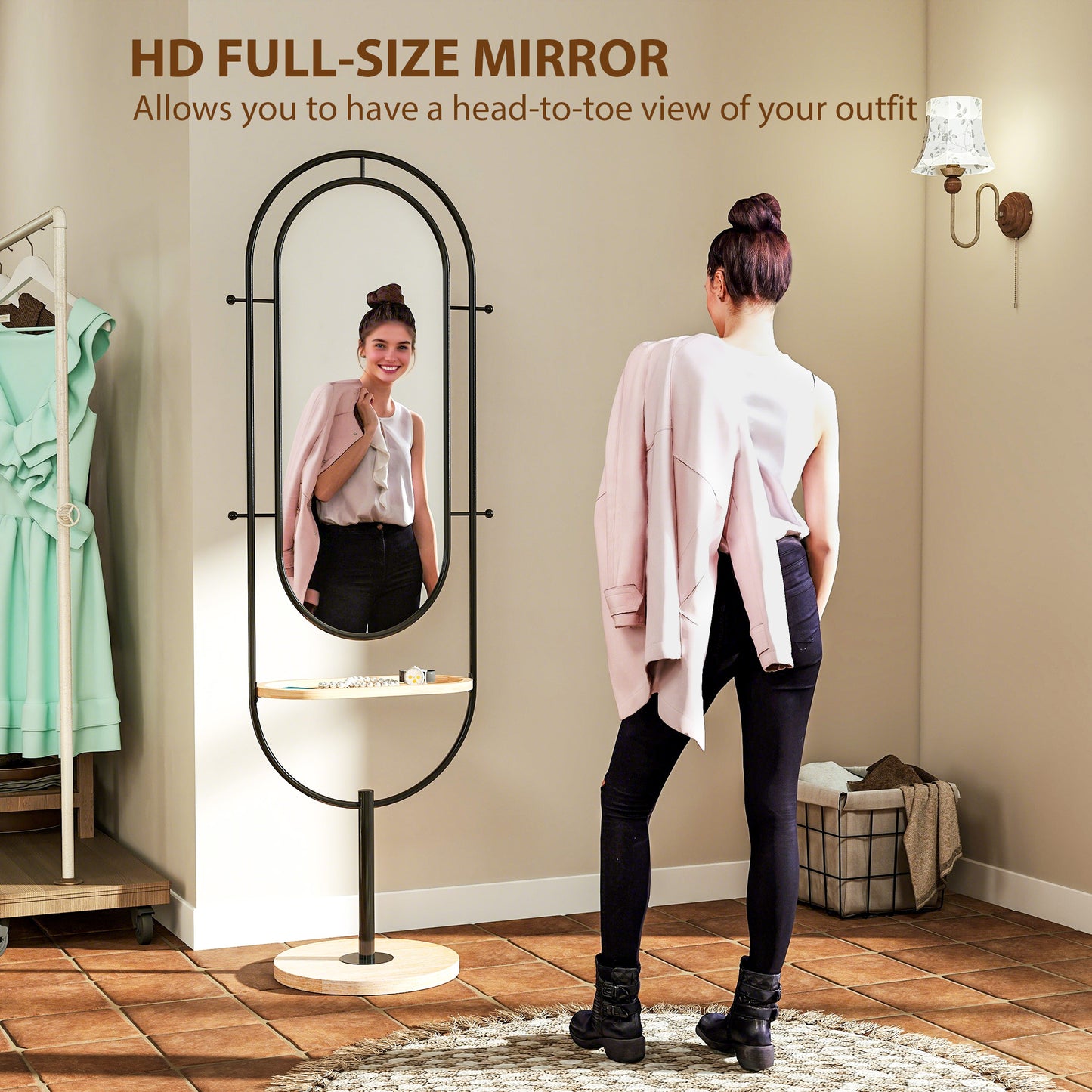 HOMCOM Dual Oval Full Length Mirror With Wooden Tray And Four Hooks Black Finish For Bedroom Or Hallway
