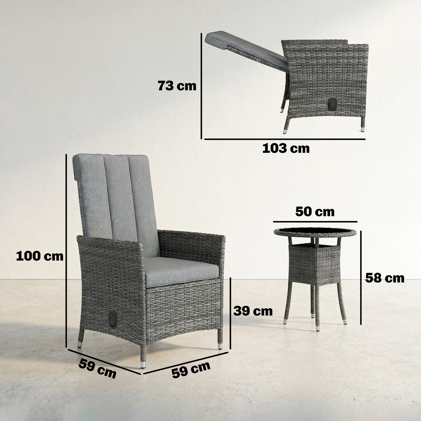 Outsunny Rattan Bistro Set Reclining Garden Chairs And Glass Coffee Table With Cushions For Patio Balcony Porch Grey