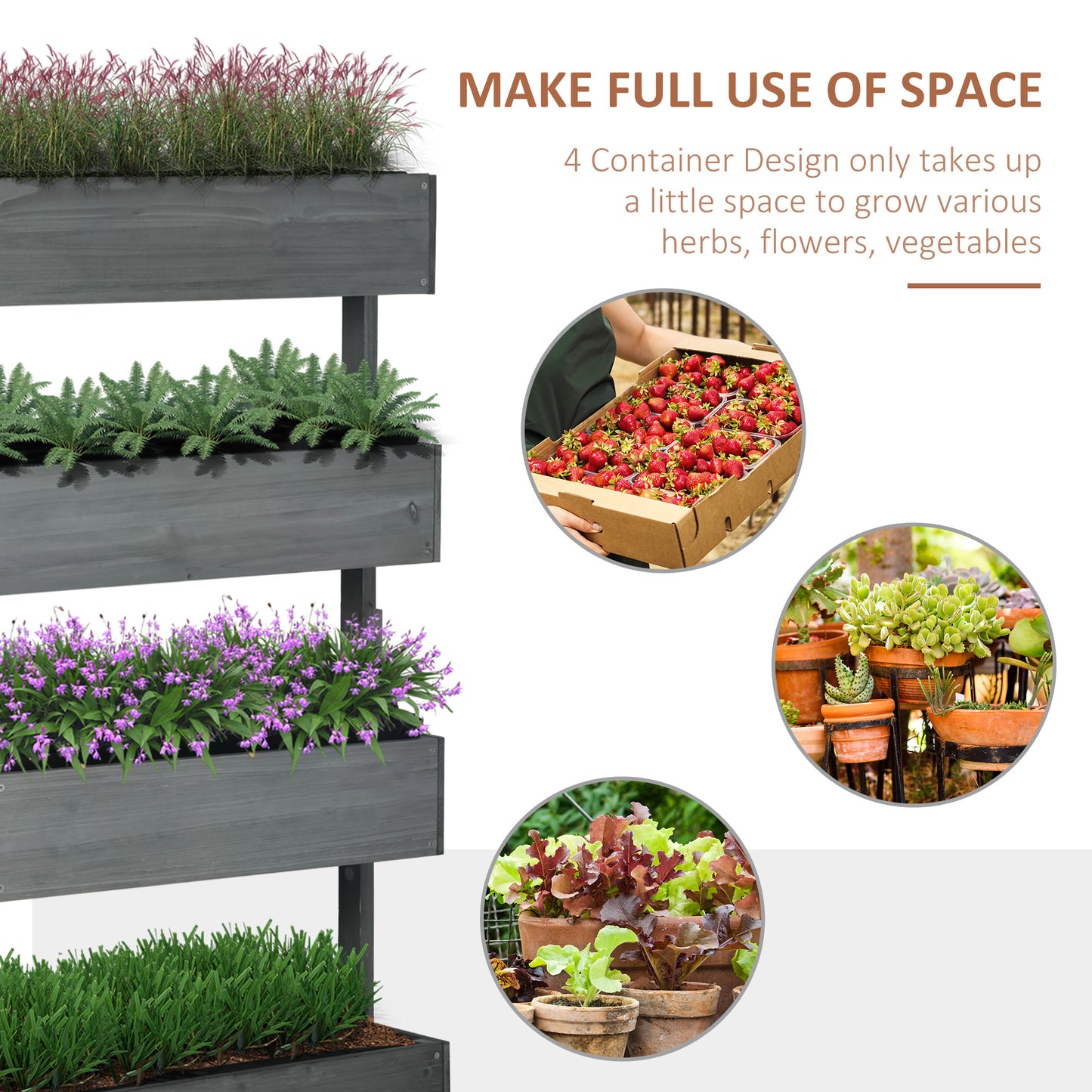 Outsunny Four Tier Wooden Plant Stand With Four Planter Boxes Grey Fir Wood Weather Resistant Garden Decor