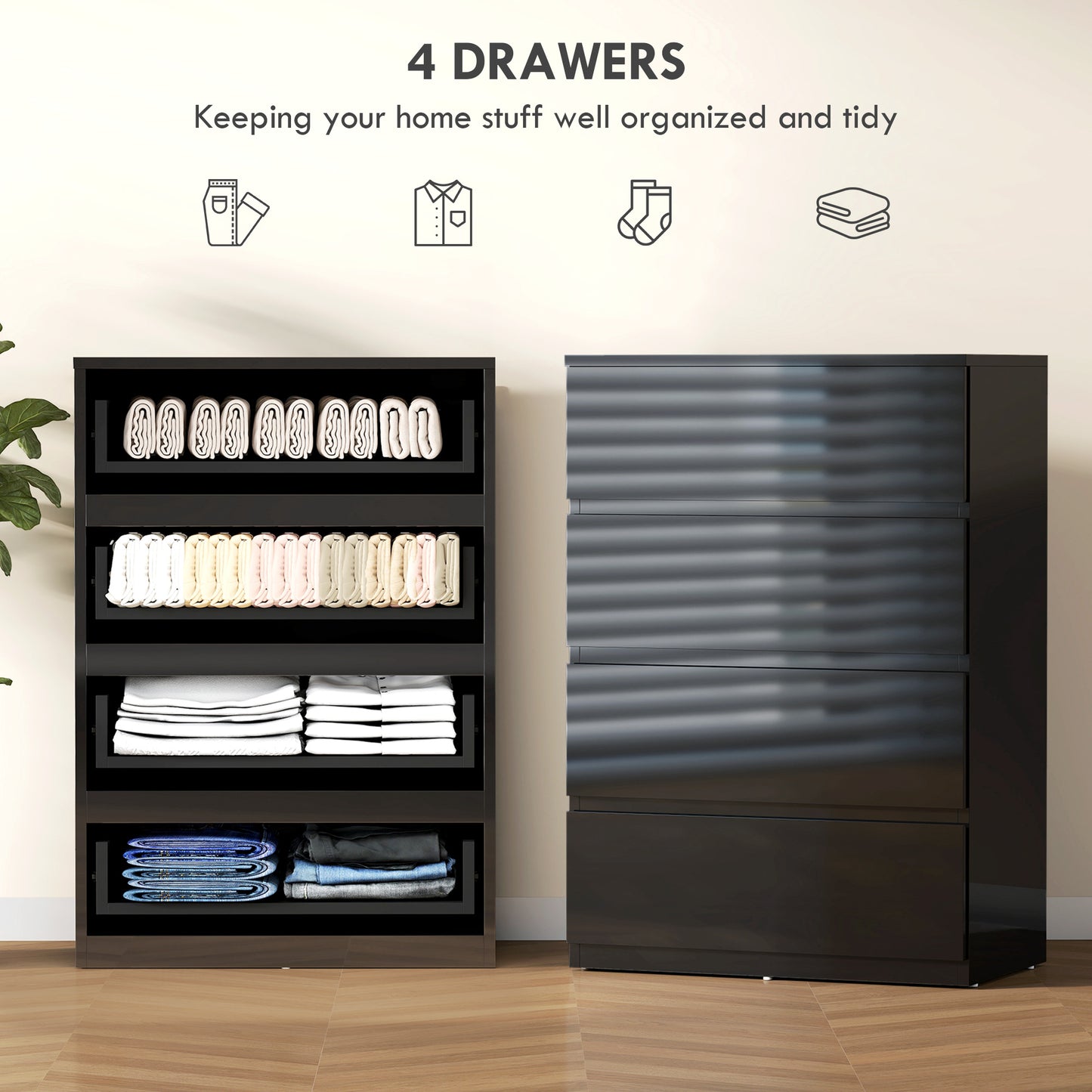 HOMCOM 4 Drawer Chest of Drawers Modern Dresser Storage Cabinet for Bedroom Organization and Clutter Control