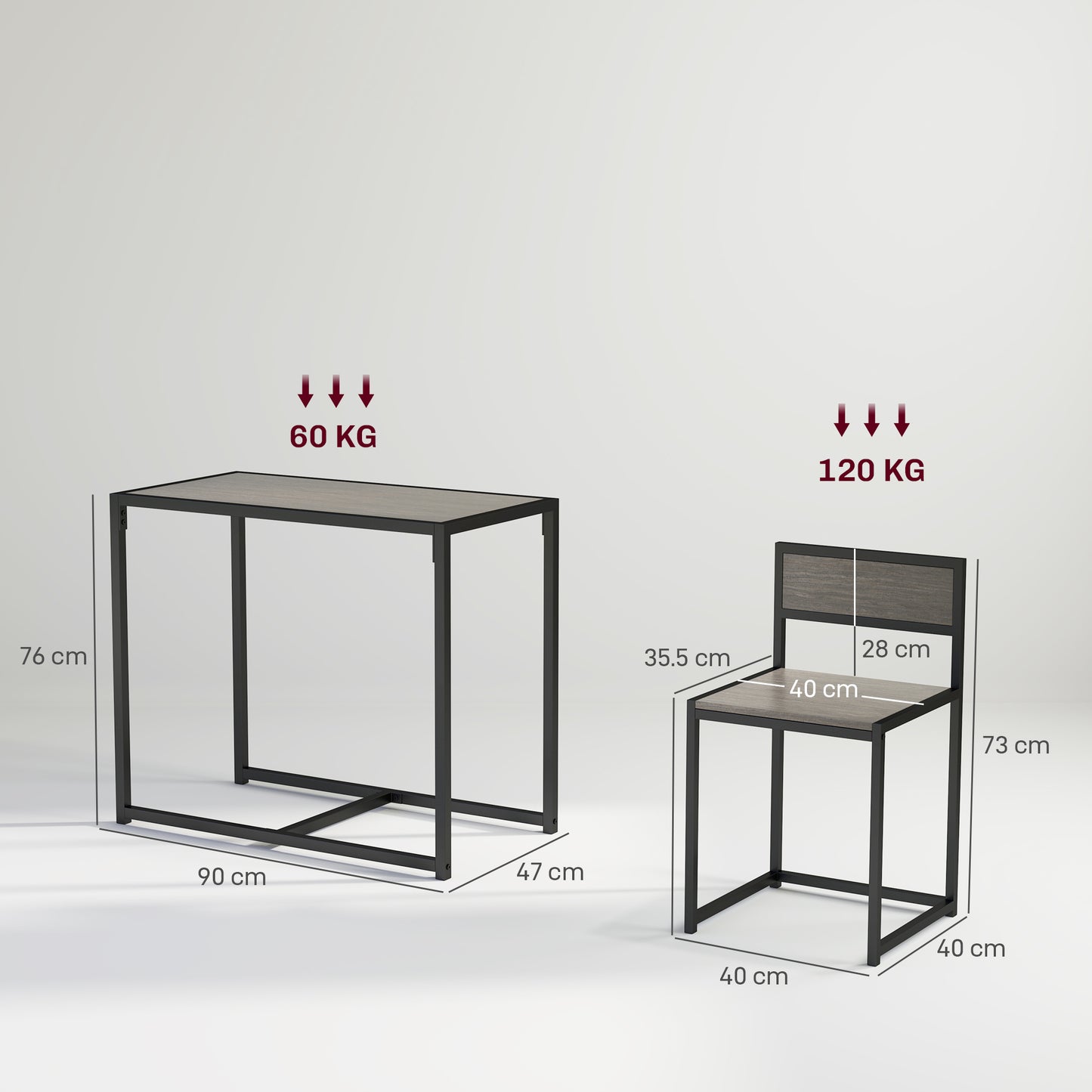 HOMCOM Dining Table And Chairs Set 2 Piece Space Saving Rectangular Table With 2 Chairs Steel Frame Grey Wood Effect