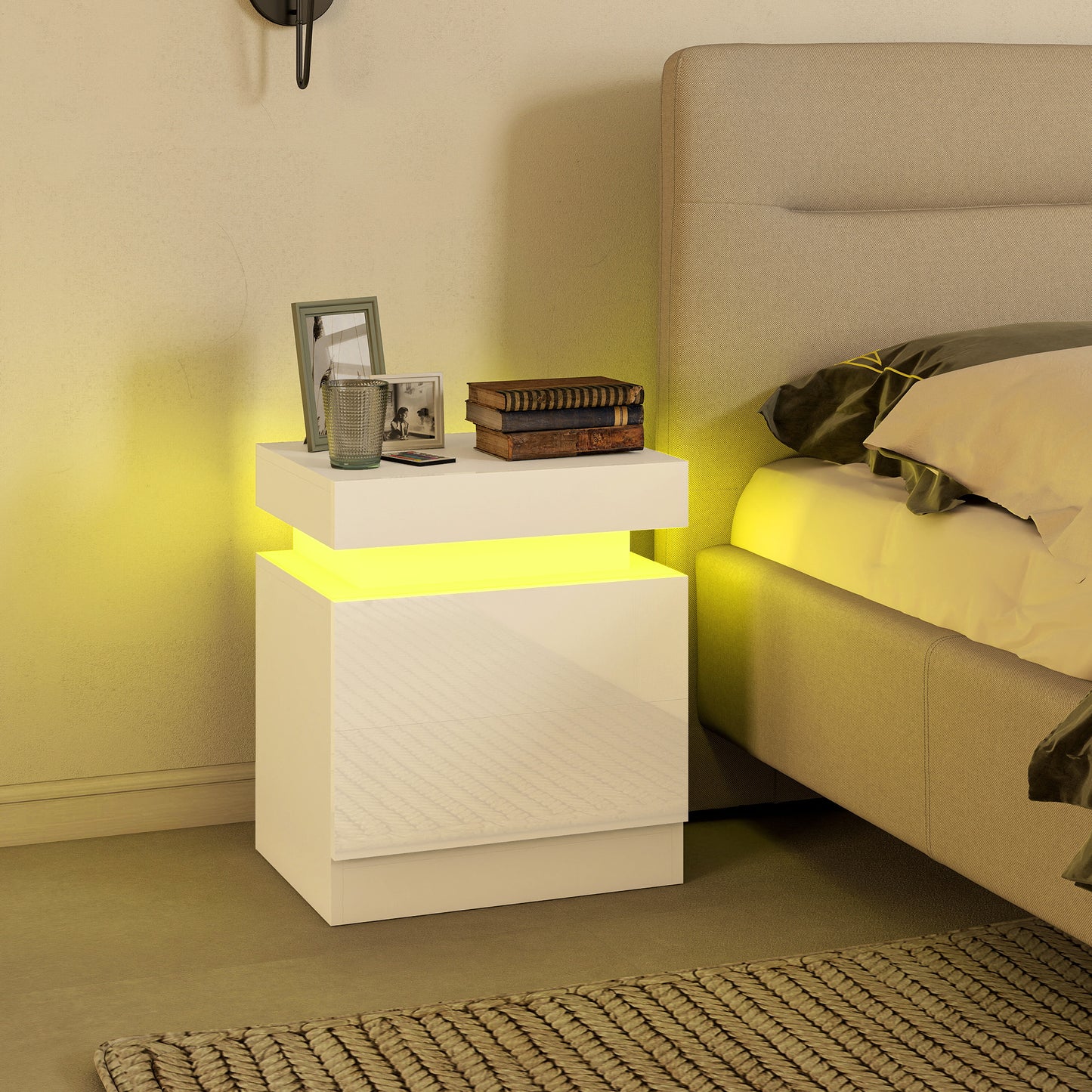 HOMCOM White Bedside Table With LED Light Set Of 2 Nightstand For Bedroom Living Room High Gloss Front And 2 Drawers