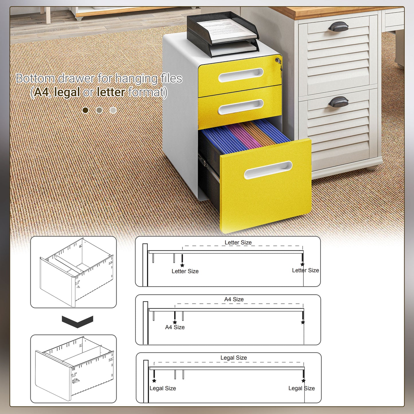 Vinsetto Yellow Steel Filing Cabinet with Lock, 3 Drawers and Wheels for A4, Letter, Legal Files - ALL4U RETAILER LTD