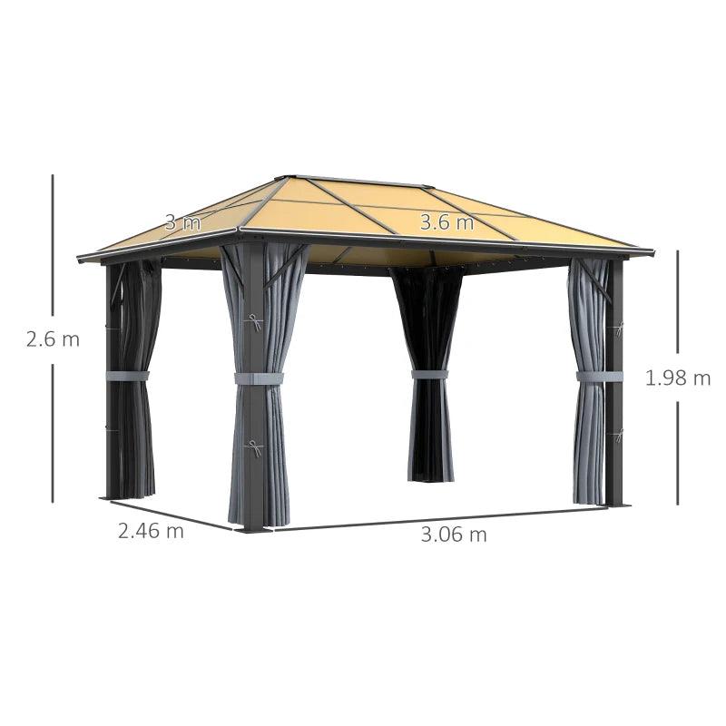 Outsunny 3 x 3.6m Garden Aluminium Gazebo with Hardtop Roof, Canopy, Marquee Party Tent, Patio with Mesh Curtains & Side Walls - Grey - ALL4U RETAILER LTD